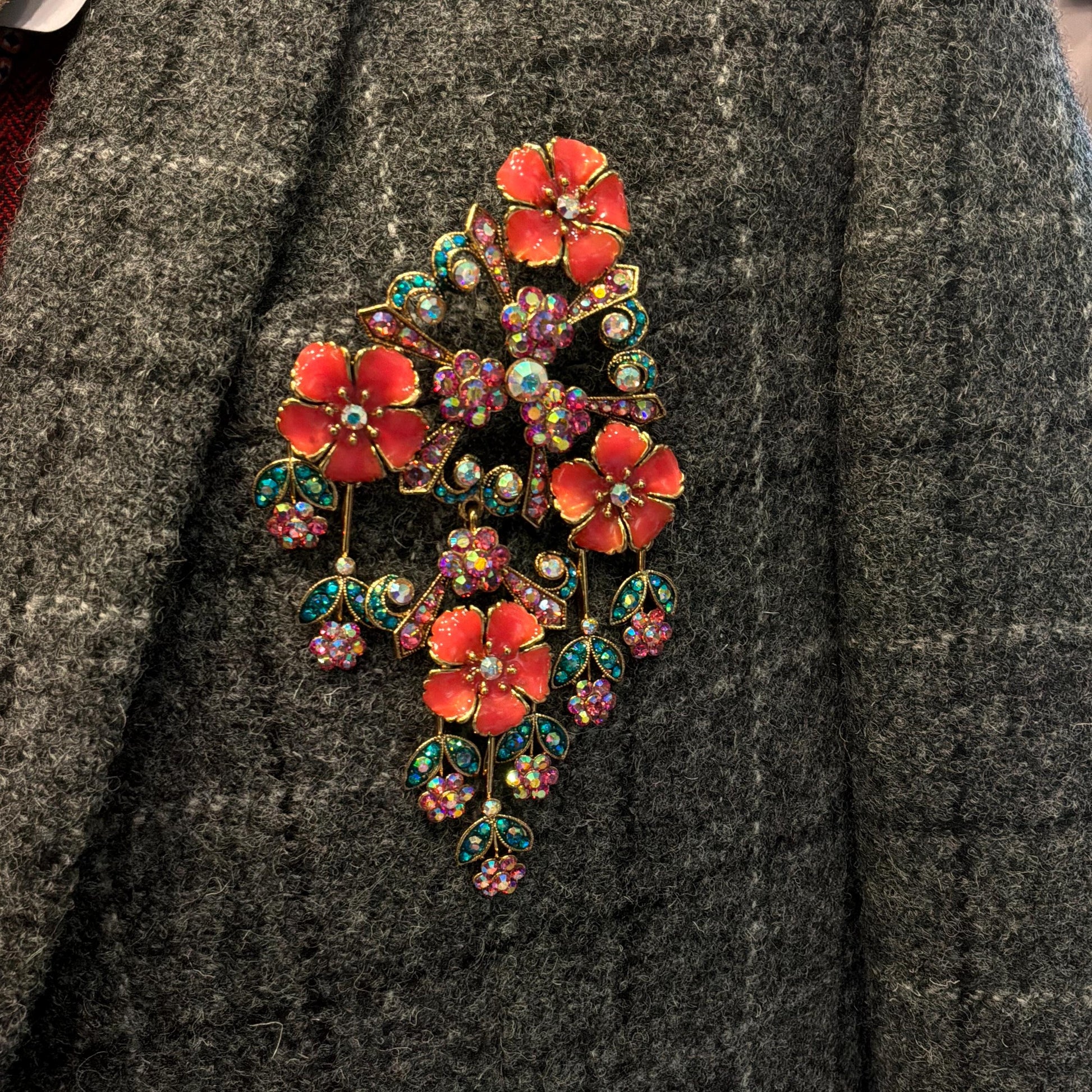 Vintage Butler and Wilson Statement Large Floral Crystal Cascade Brooch, gold tone with Coral Enamel and Borealis Pink and Jade rhinestones