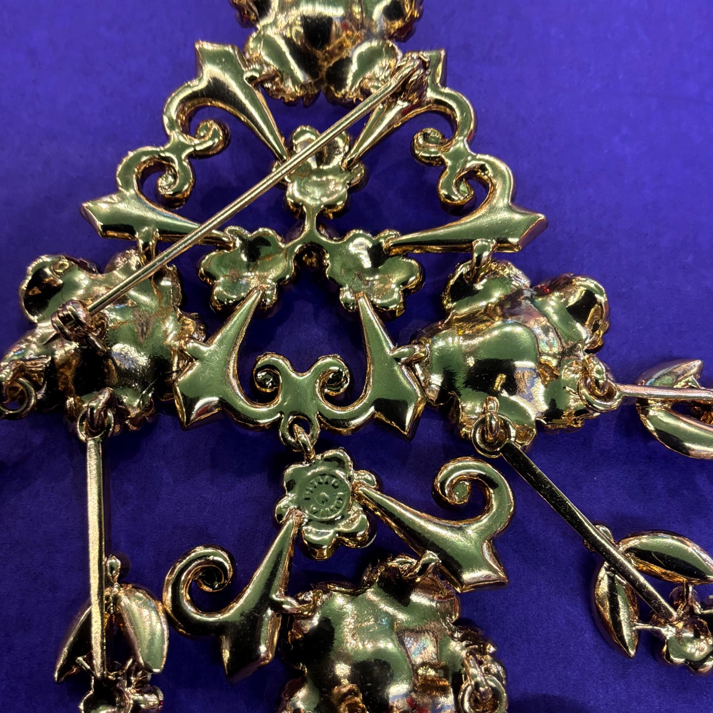 Vintage Butler and Wilson Statement Large Floral Crystal Cascade Brooch, gold tone with Coral Enamel and Borealis Pink and Jade rhinestones