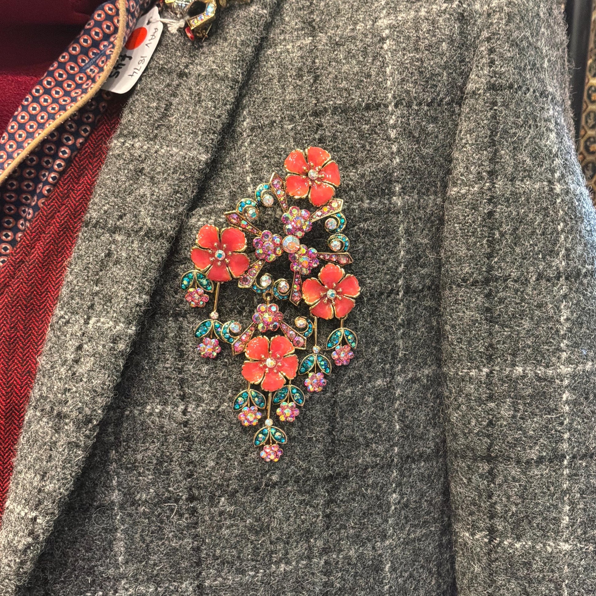 Vintage Butler and Wilson Statement Large Floral Crystal Cascade Brooch, gold tone with Coral Enamel and Borealis Pink and Jade rhinestones