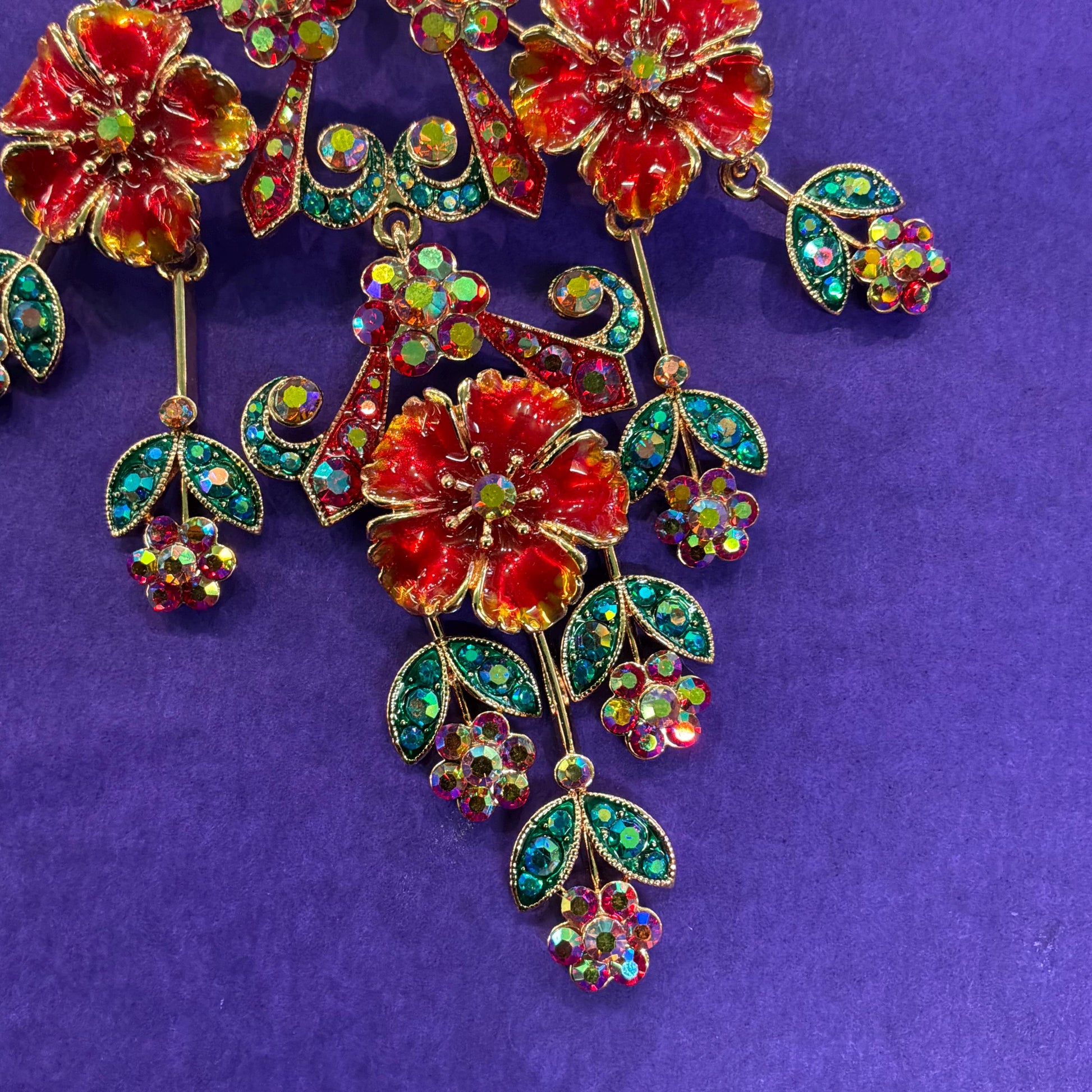 Vintage Butler and Wilson Statement Large Floral Crystal Cascade Brooch, Rose Gold tone with Borealis red and Jade rhinestones and enamel