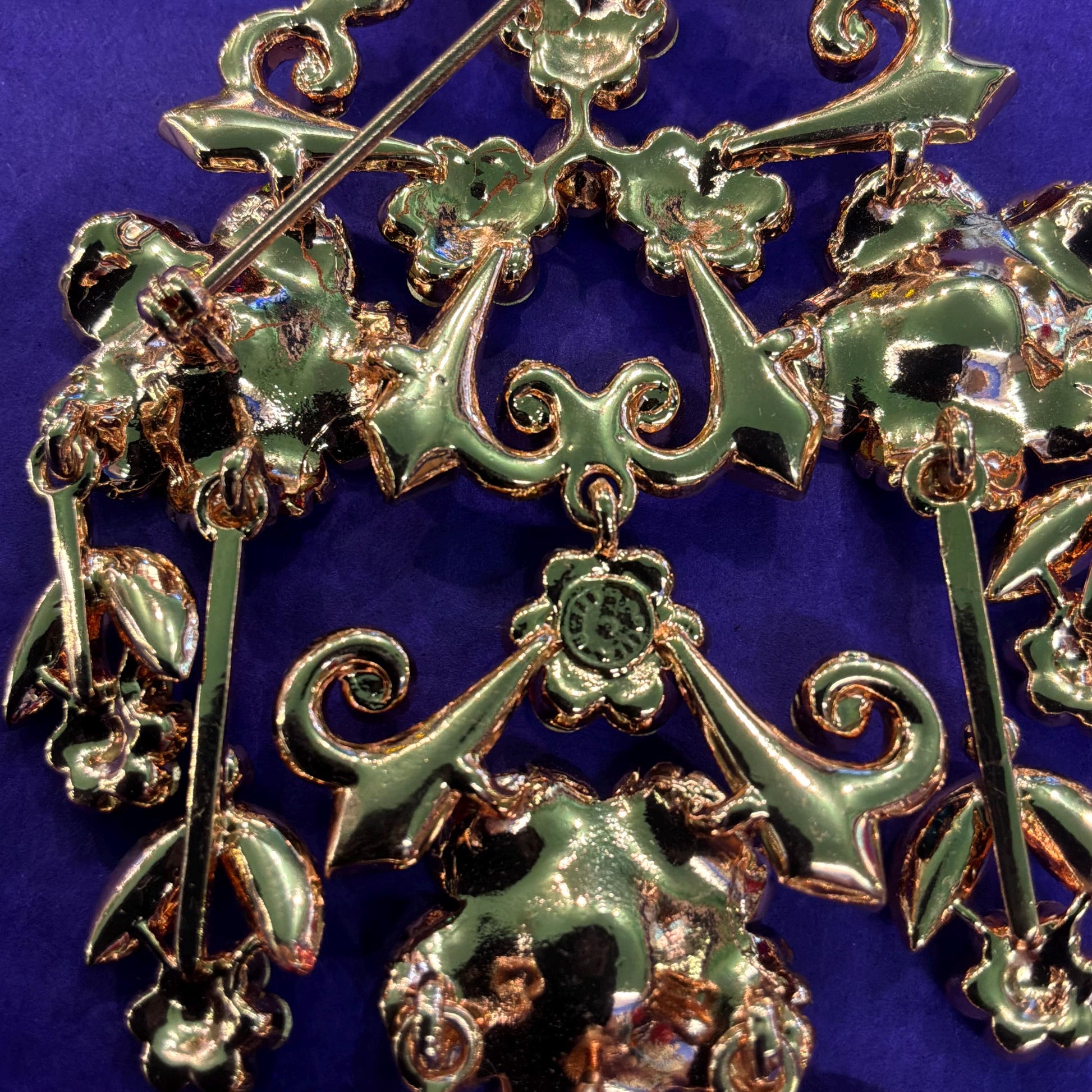 Vintage Butler and Wilson Statement Large Floral Crystal Cascade Brooch, Rose Gold tone with Borealis red and Jade rhinestones and enamel