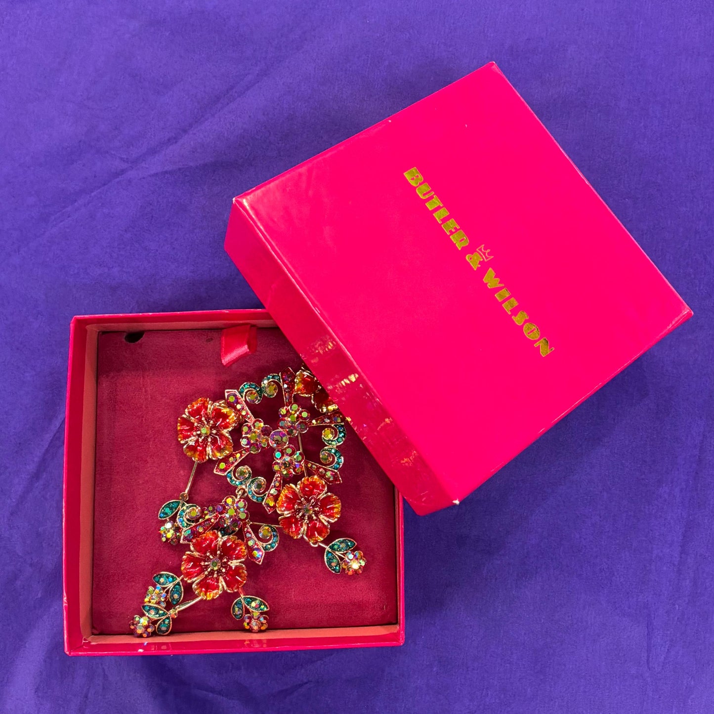 Vintage Butler and Wilson Statement Large Floral Crystal Cascade Brooch, Rose Gold tone with Borealis red and Jade rhinestones and enamel