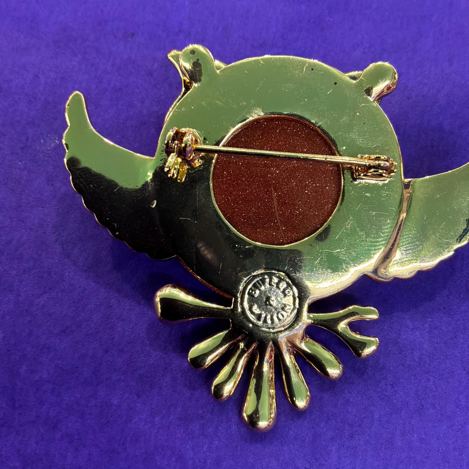 Vintage Butler and Wilson Large Crystal Owl Brooch , gold tone with enamel, crystal and rainbow rhinestones