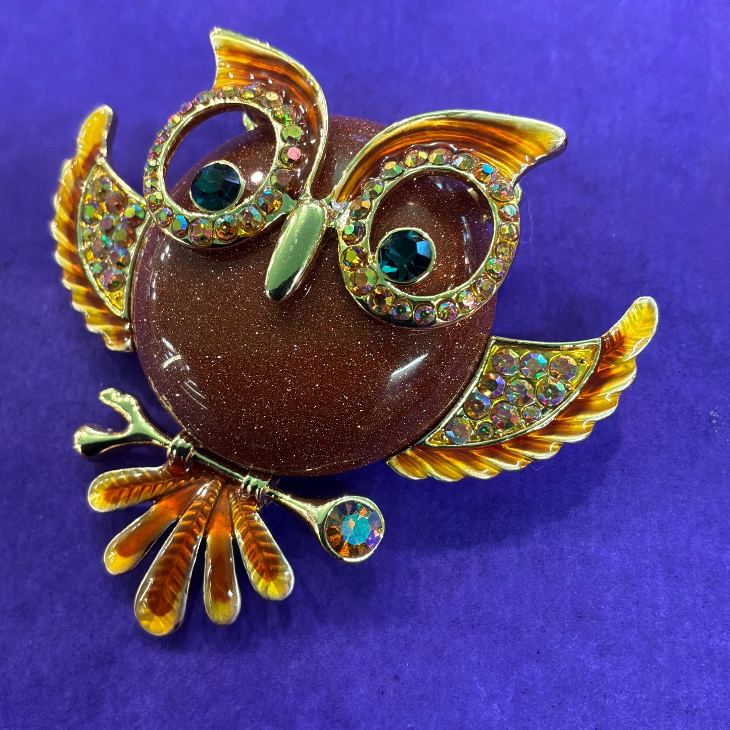 Vintage Butler and Wilson Large Crystal Owl Brooch , gold tone with enamel, crystal and rainbow rhinestones