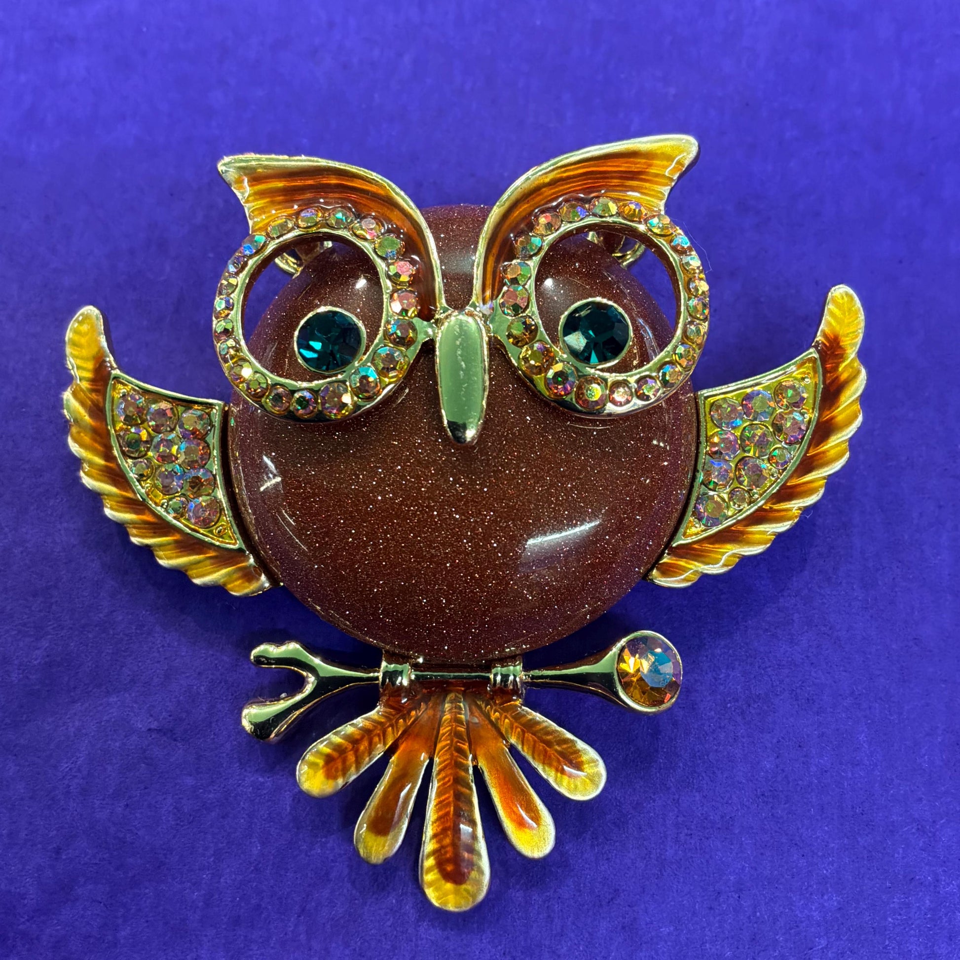 Vintage Butler and Wilson Large Crystal Owl Brooch , gold tone with enamel, crystal and rainbow rhinestones