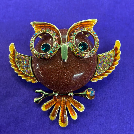 Vintage Butler and Wilson Large Crystal Owl Brooch , gold tone with enamel, crystal and rainbow rhinestones