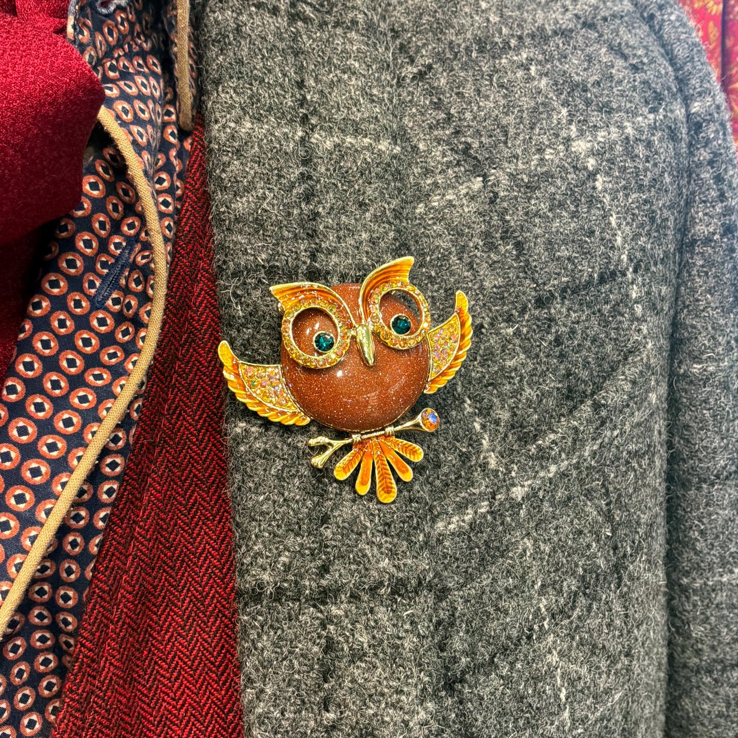 Vintage Butler and Wilson Large Crystal Owl Brooch , gold tone with enamel, crystal and rainbow rhinestones