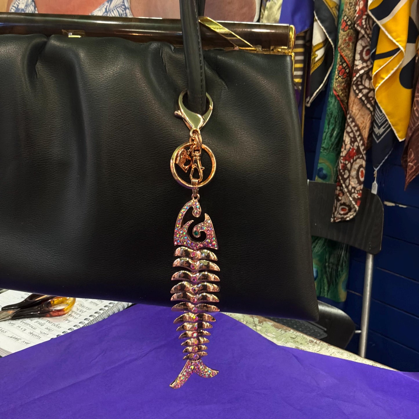 Vintage Butler and Wilson Rose Gold Crystal Fish Handbag Charm/ Keychain, articulated rose gold tone fish with pink borealis Rhinestones