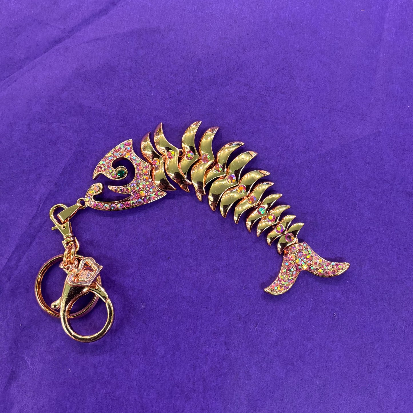 Vintage Butler and Wilson Rose Gold Crystal Fish Handbag Charm/ Keychain, articulated rose gold tone fish with pink borealis Rhinestones