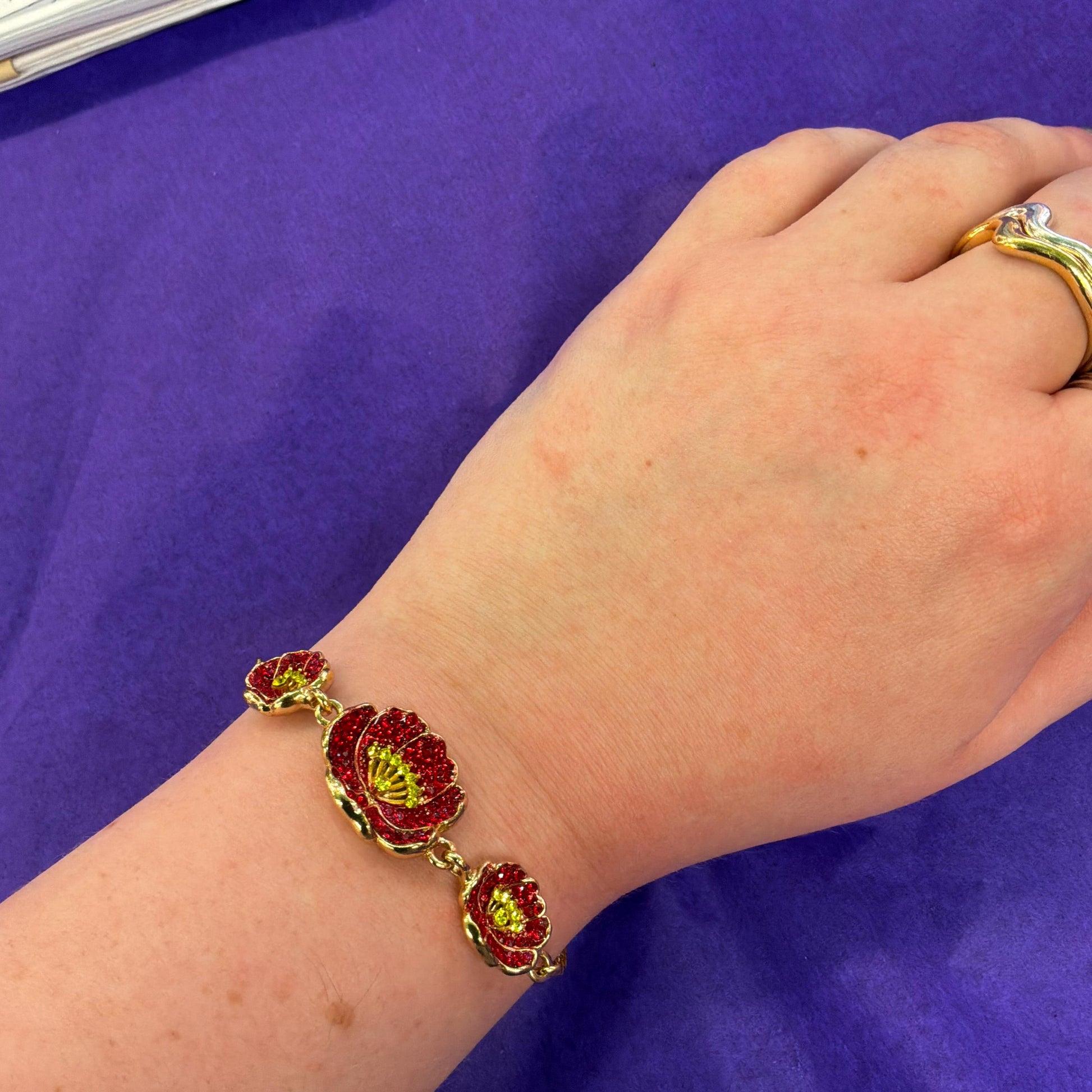 Vintage Butler and Wilson Red Poppy Crystal Chain Bracelet , Gold tone with Red enamel and gold rhinestones