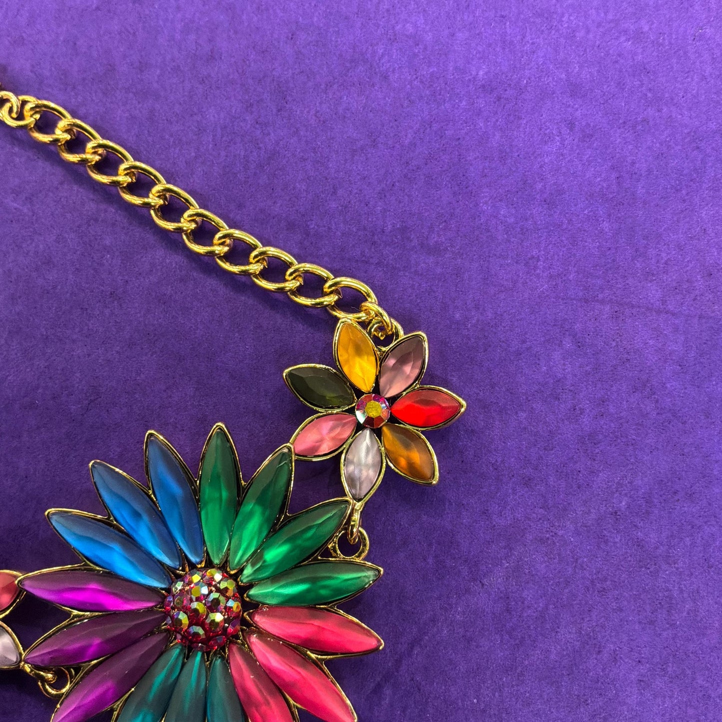 Vintage Butler and Wilson Rainbow Crystal Gerberra Bracelet, Gold tone with multicolored marquise cut crystals and rhinestones