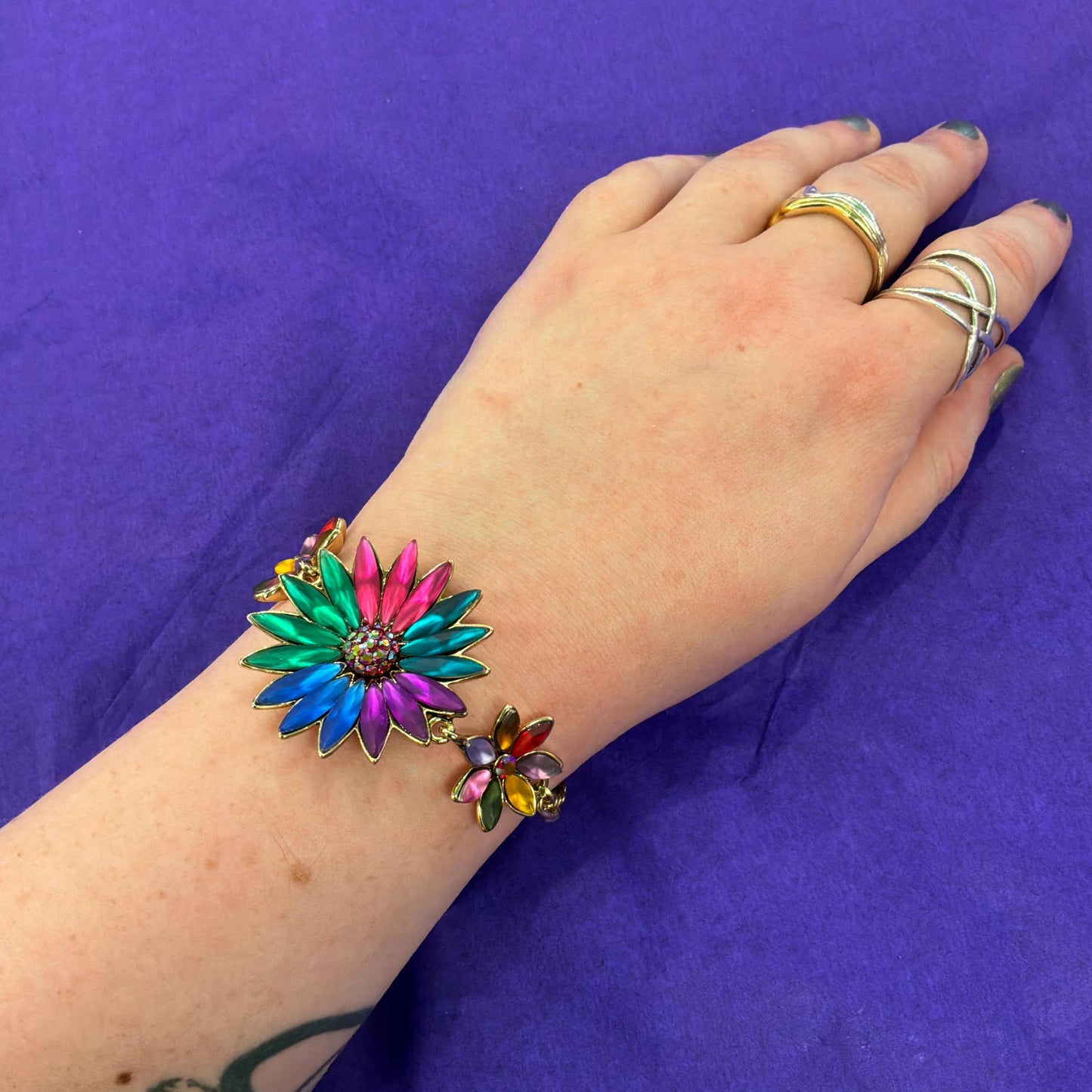 Vintage Butler and Wilson Rainbow Crystal Gerberra Bracelet, Gold tone with multicolored marquise cut crystals and rhinestones