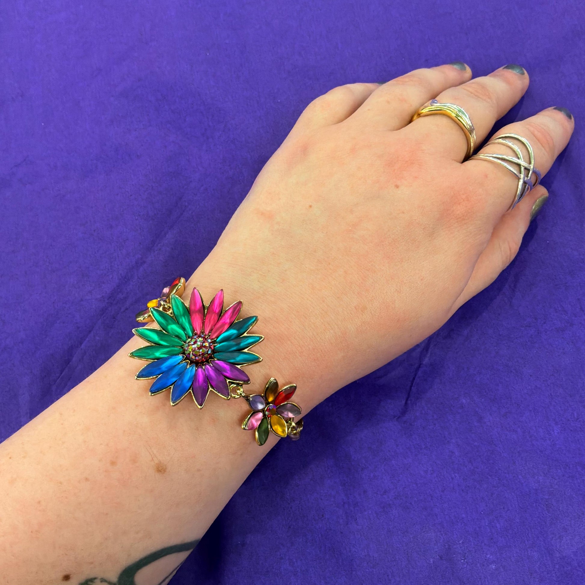 Vintage Butler and Wilson Rainbow Crystal Gerberra Bracelet, Gold tone with multicolored marquise cut crystals and rhinestones