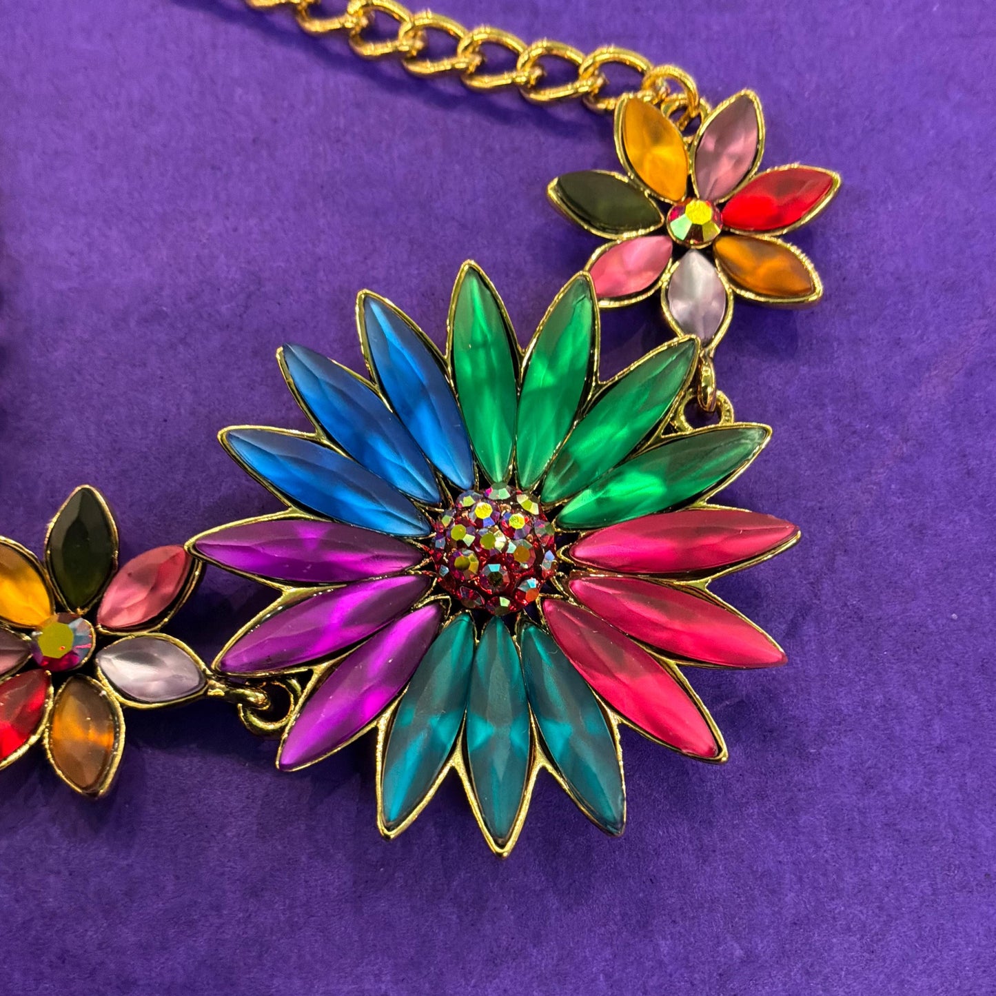 Vintage Butler and Wilson Rainbow Crystal Gerberra Bracelet, Gold tone with multicolored marquise cut crystals and rhinestones
