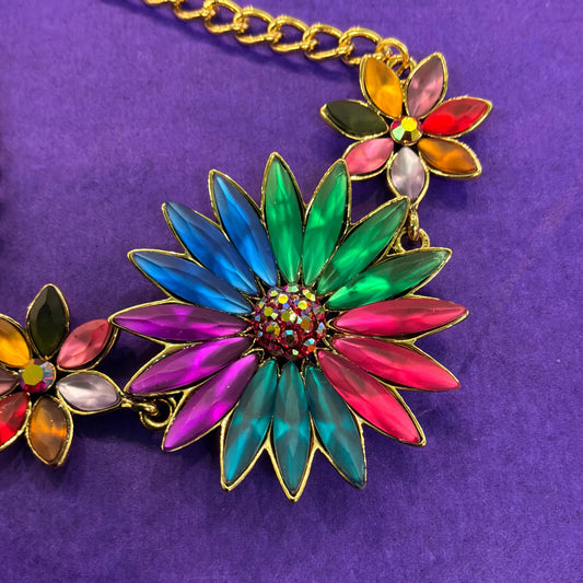 Vintage Butler and Wilson Rainbow Crystal Gerberra Bracelet, Gold tone with multicolored marquise cut crystals and rhinestones