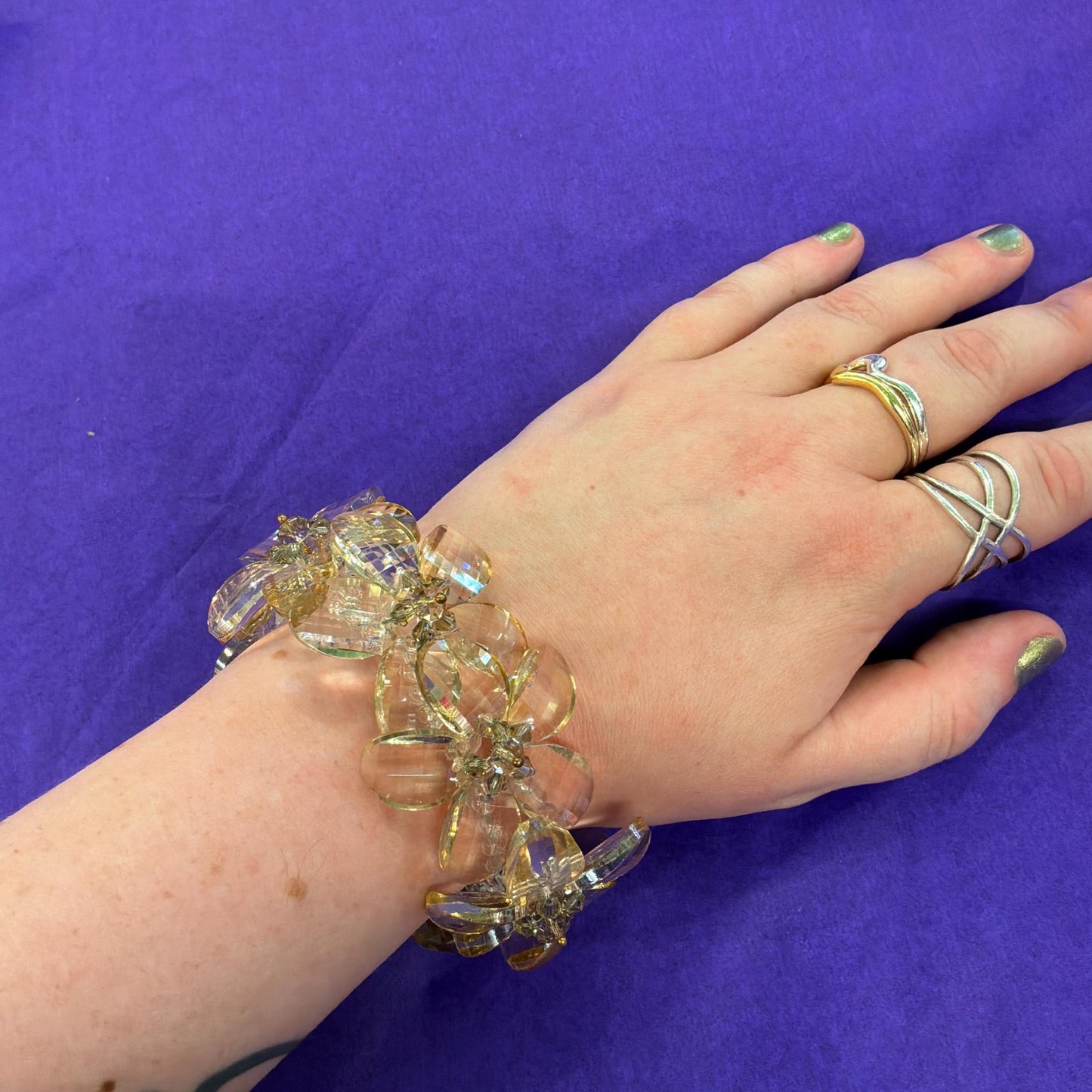 Vintage Butler and Wilson Champange/ Pale Gold Statement Floral Crystal Bracelet , Chequerboard cut Crystal