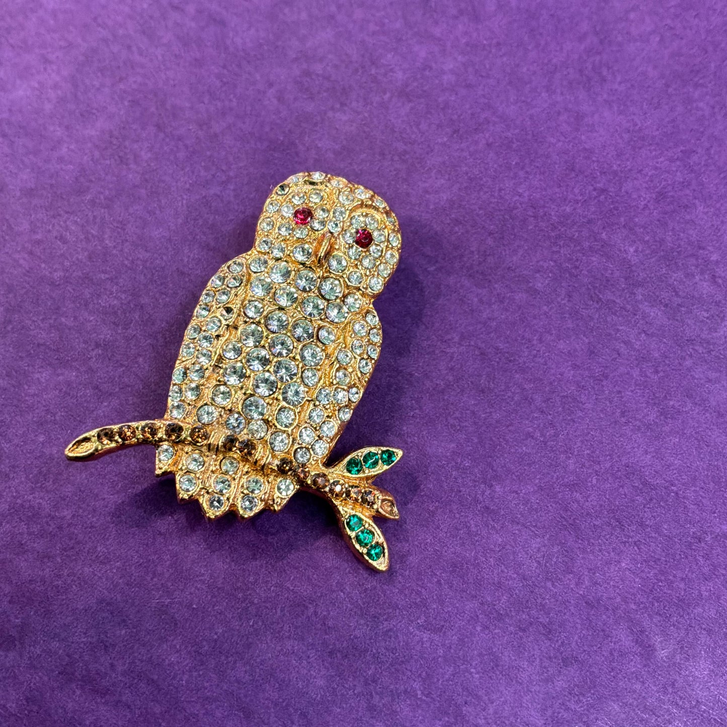 Vintage Butler and Wilson Cryal Owl Brooch , Gold tone with silver rhinestones