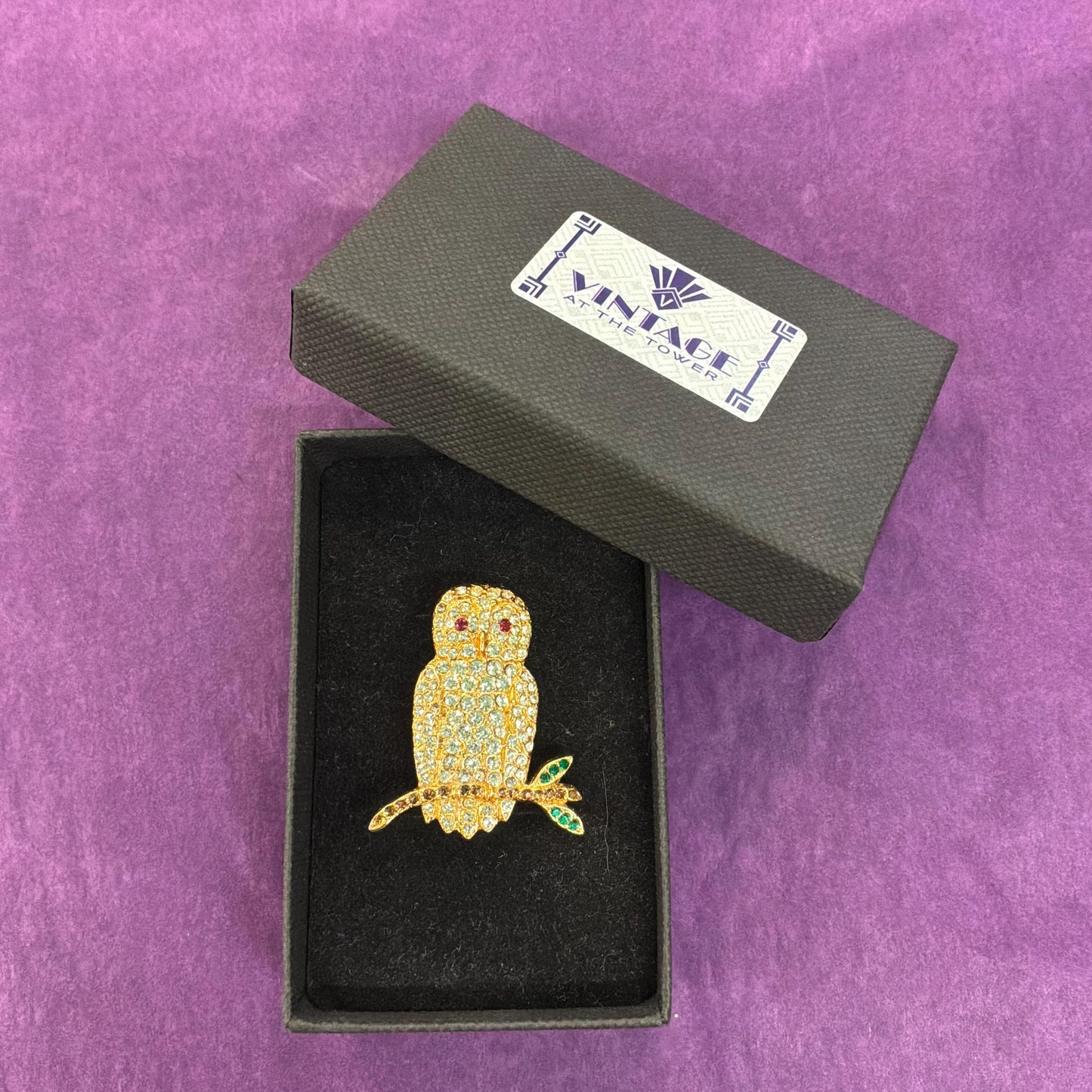 Vintage Butler and Wilson Cryal Owl Brooch , Gold tone with silver rhinestones