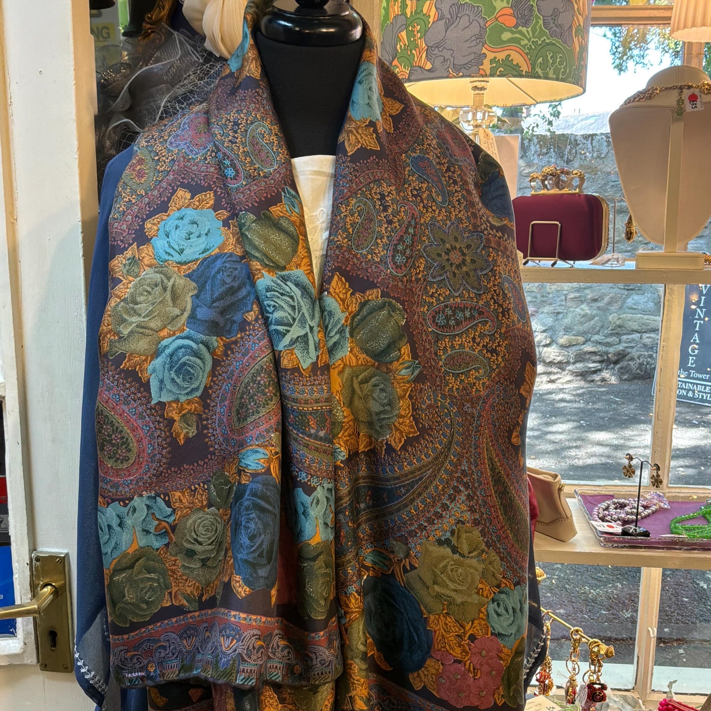 Vintage 1970s/80s Oversized Liberty Pure Silk Scarf, 52” square, Roses and Paisley Print
