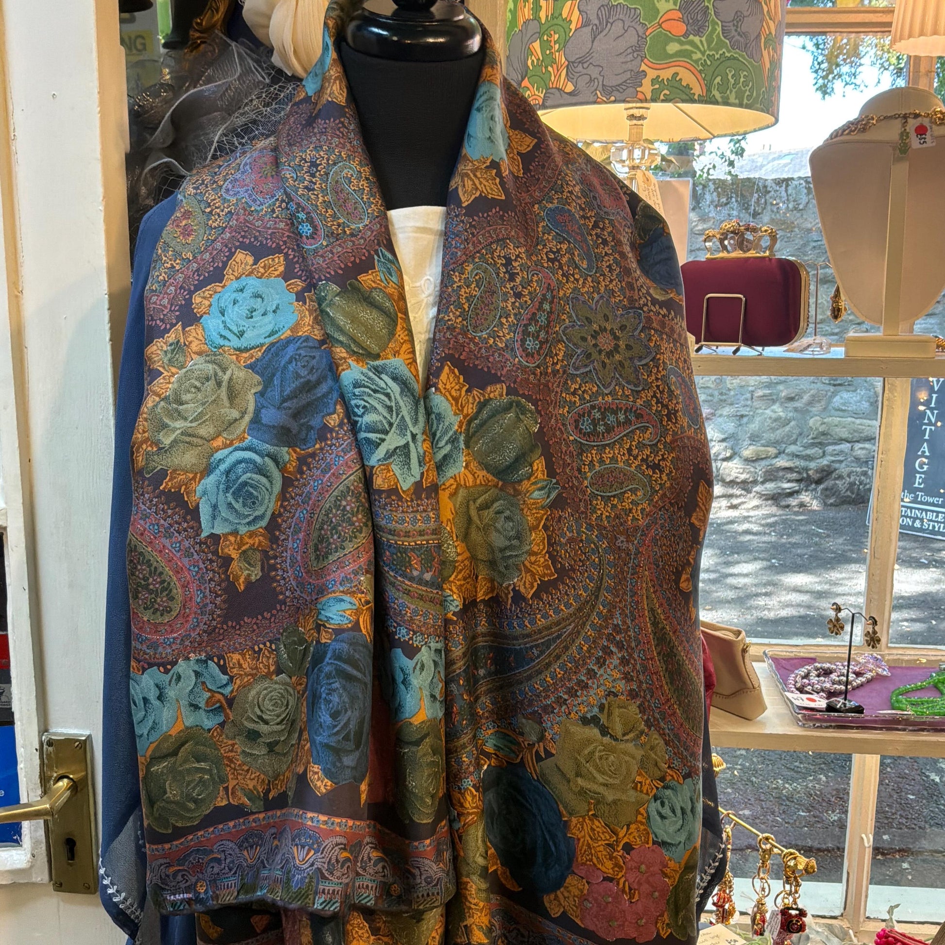 Vintage 1970s/80s Oversized Liberty Pure Silk Scarf, 52” square, Roses and Paisley Print