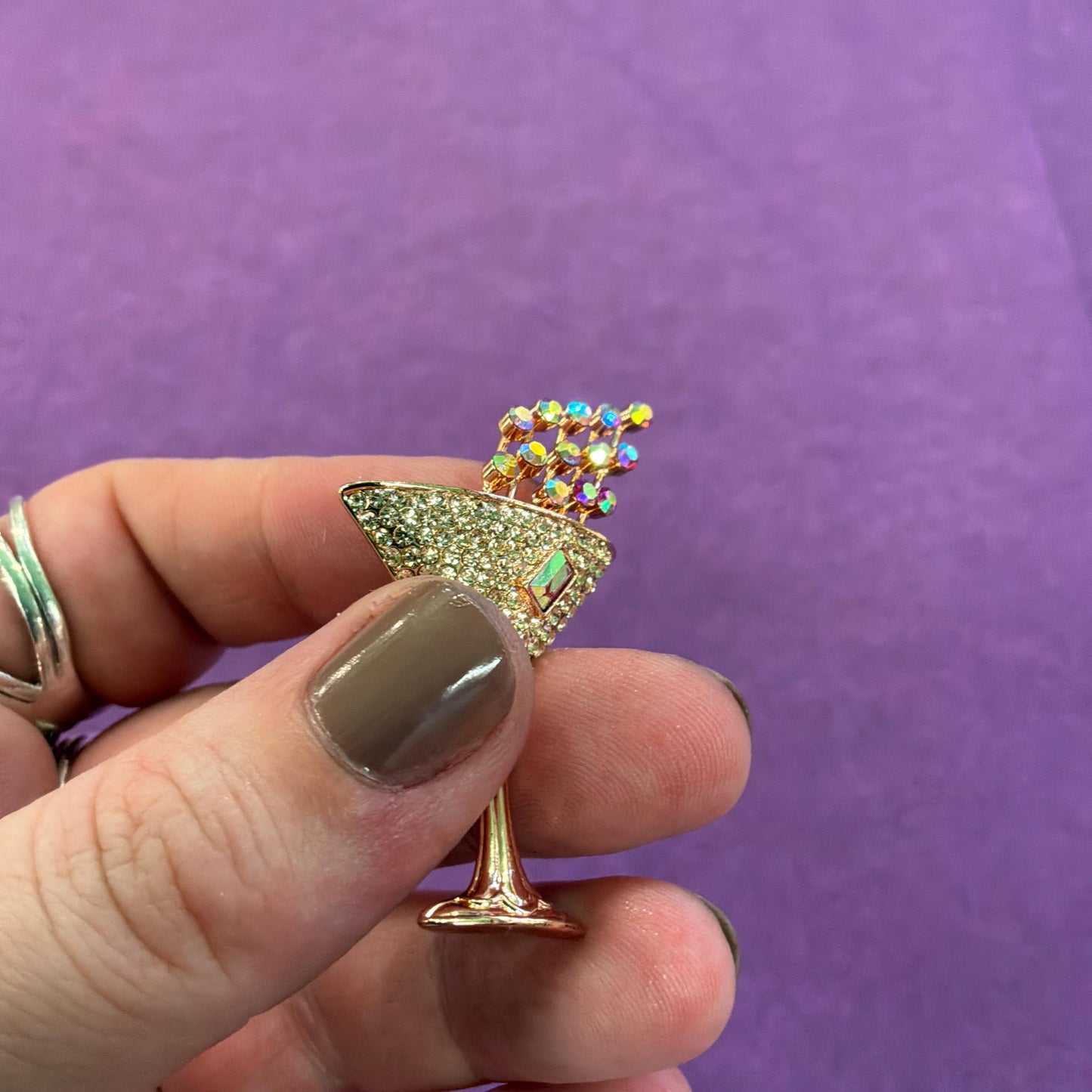 Vintage Butler and Wilson Cocktail Glass Crystal Lapel Pin, Rose gold tone with Borealis rhinestones