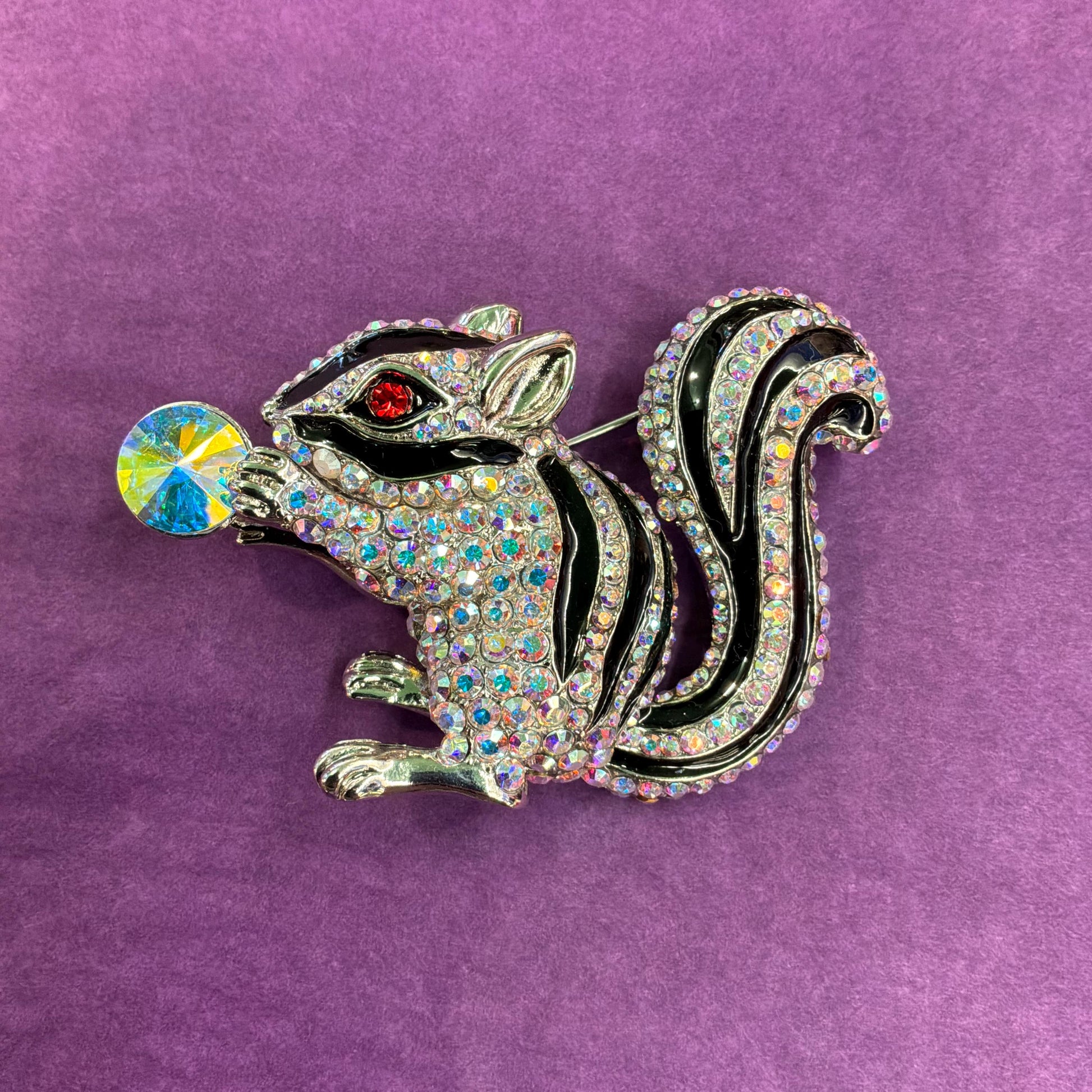 Vintage Butler and Wilson Large Crystal Squirrel Brooch, Silver tone with black enamel and rainbow rhinestones