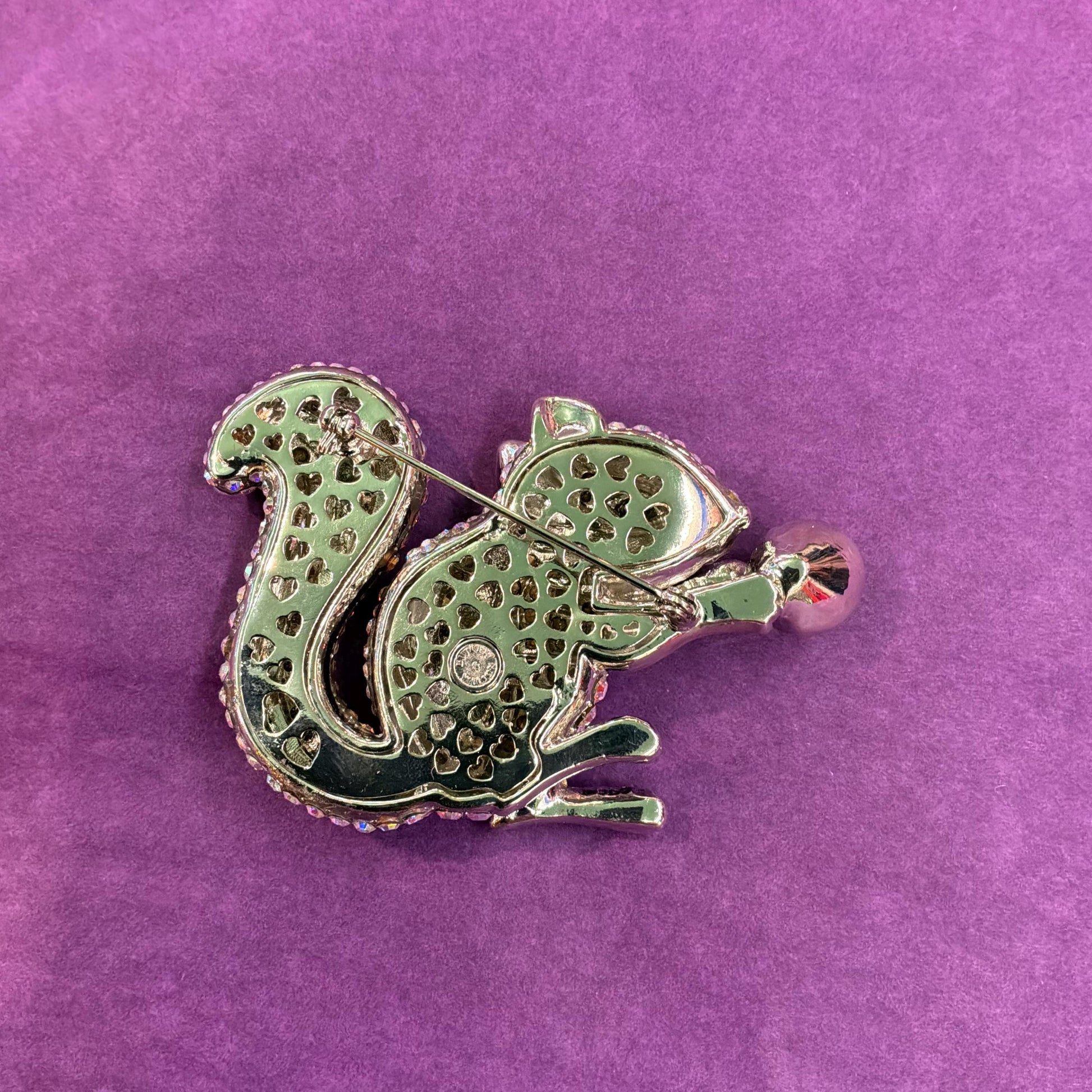 Vintage Butler and Wilson Large Crystal Squirrel Brooch, Silver tone with black enamel and rainbow rhinestones