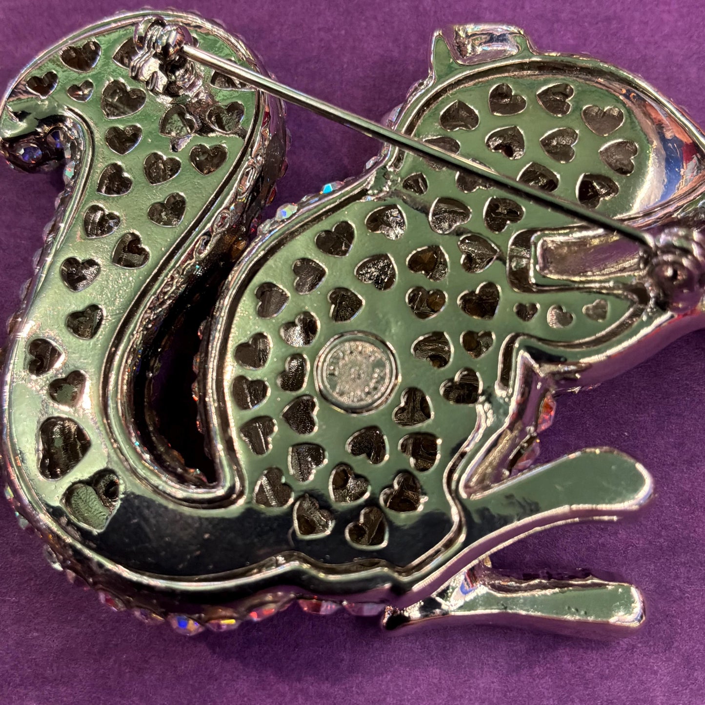Vintage Butler and Wilson Large Crystal Squirrel Brooch, Silver tone with black enamel and rainbow rhinestones