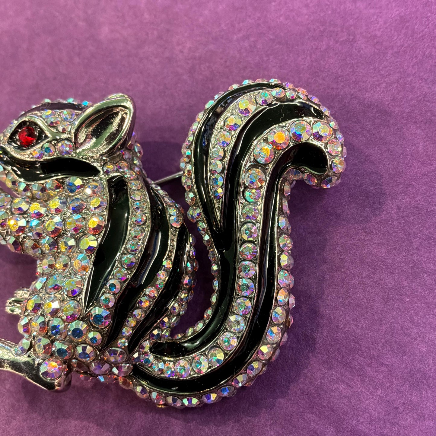 Vintage Butler and Wilson Large Crystal Squirrel Brooch, Silver tone with black enamel and rainbow rhinestones