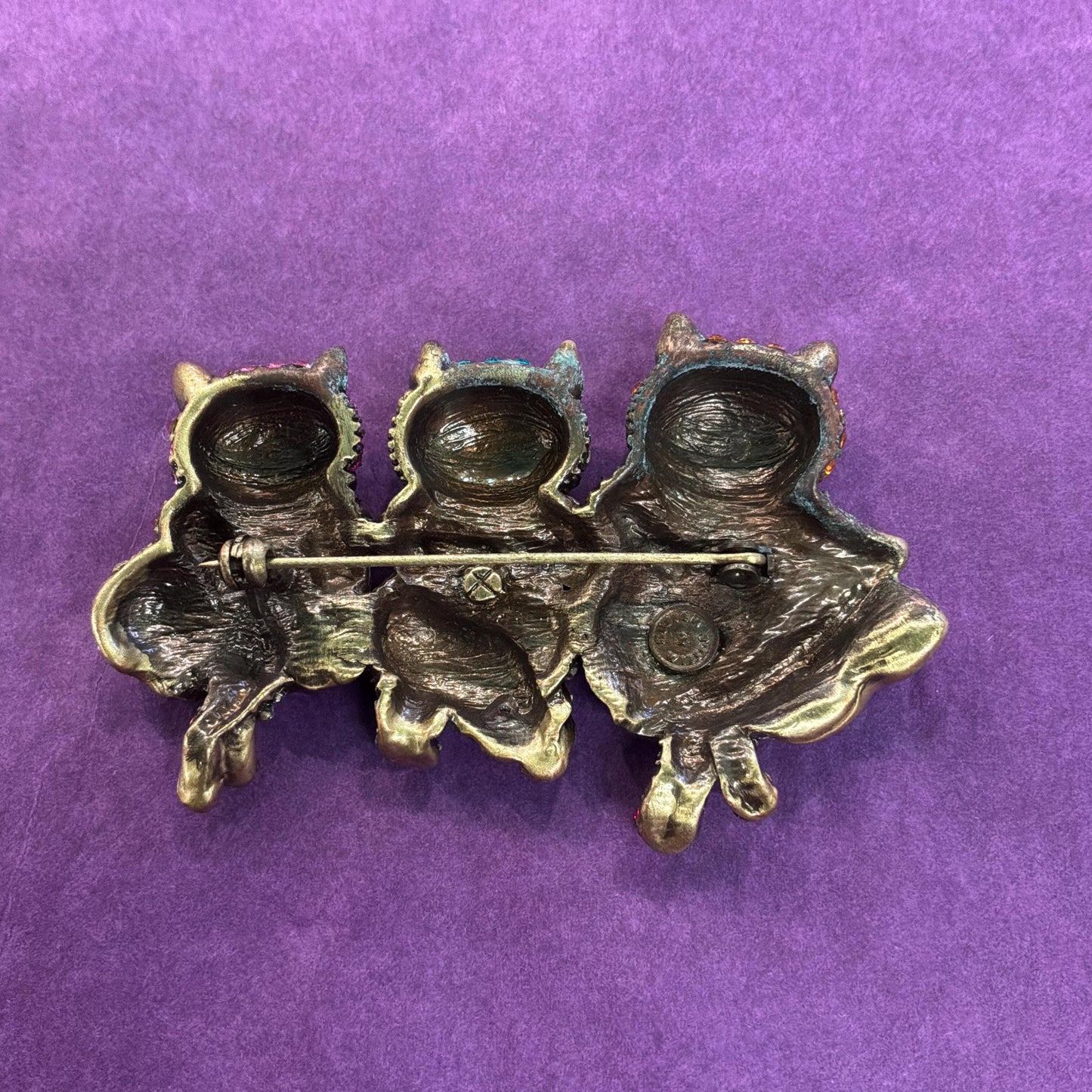 Vintage Butler and Wilson Large Crystal Dancing Cats Brooch, Old gold tone with rainbow rhinestones