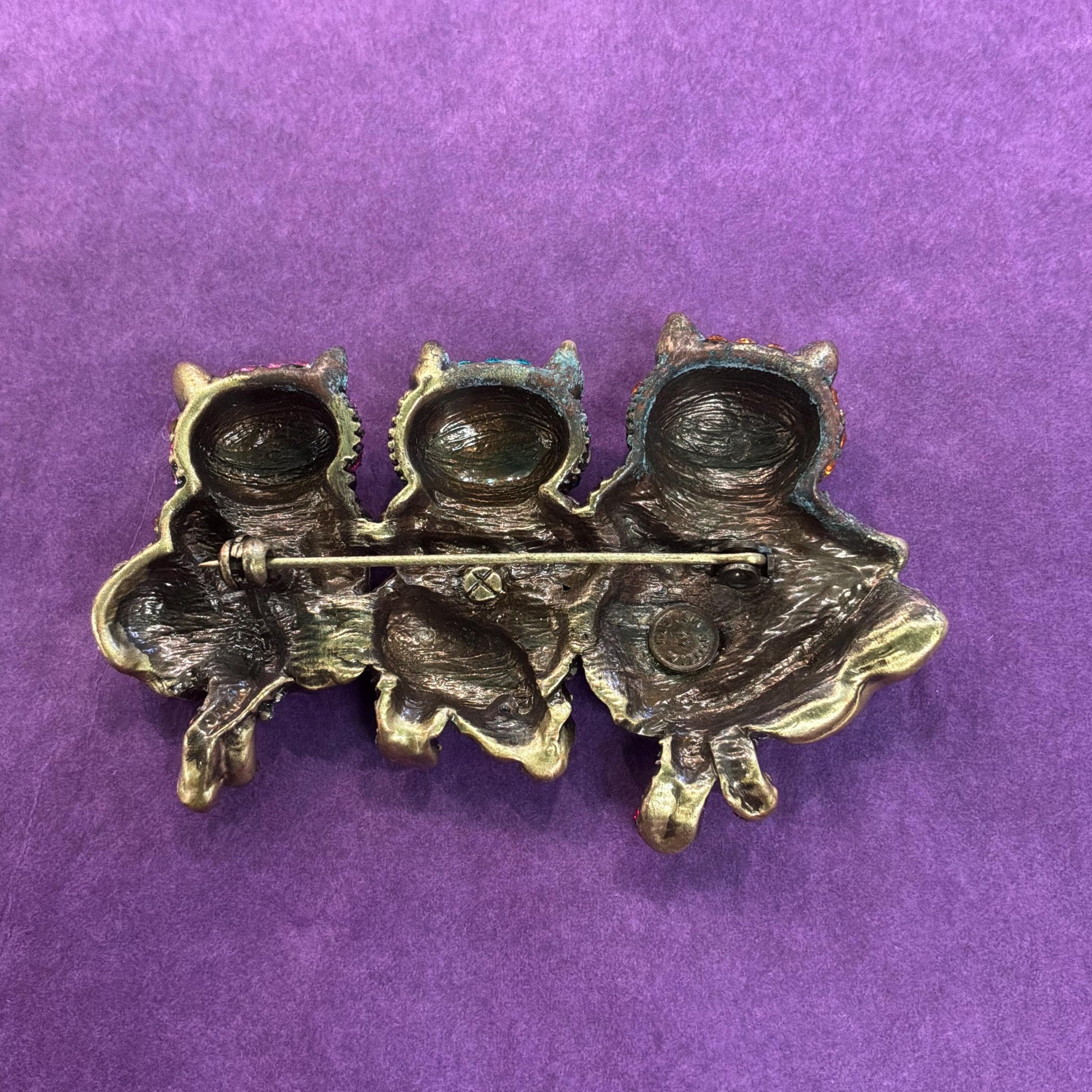 Vintage Butler and Wilson Large Crystal Dancing Cats Brooch, Old gold tone with rainbow rhinestones