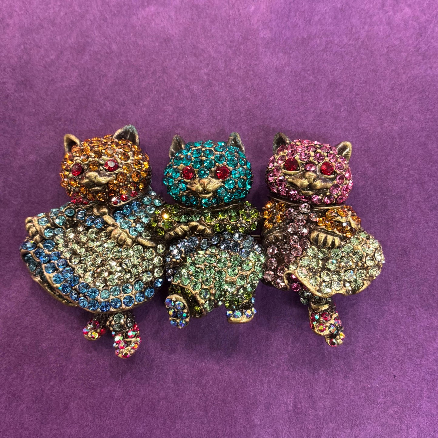Vintage Butler and Wilson Large Crystal Dancing Cats Brooch, Old gold tone with rainbow rhinestones