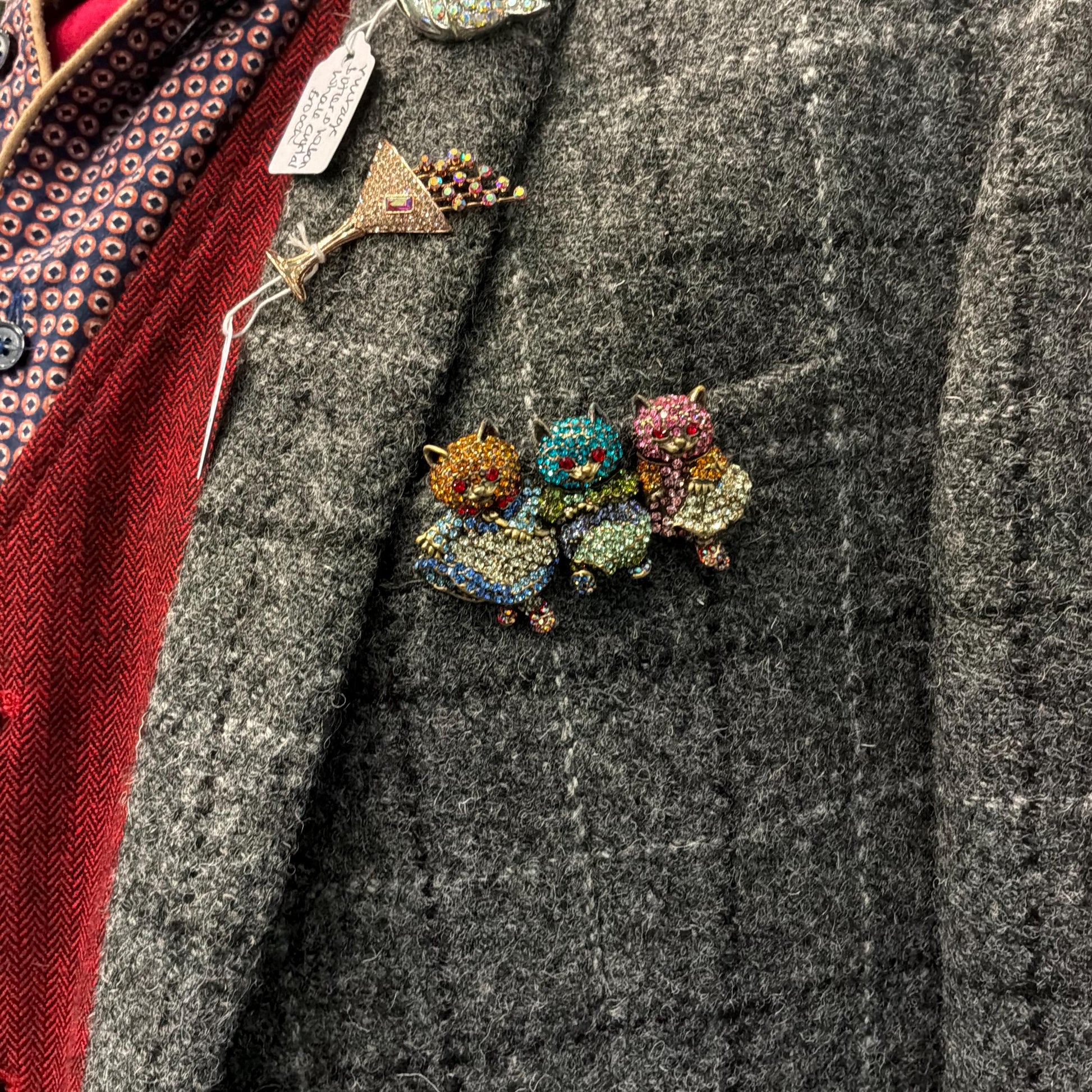 Vintage Butler and Wilson Large Crystal Dancing Cats Brooch, Old gold tone with rainbow rhinestones