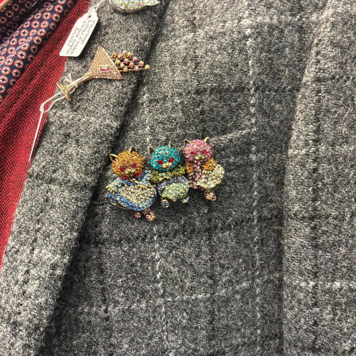 Vintage Butler and Wilson Large Crystal Dancing Cats Brooch, Old gold tone with rainbow rhinestones