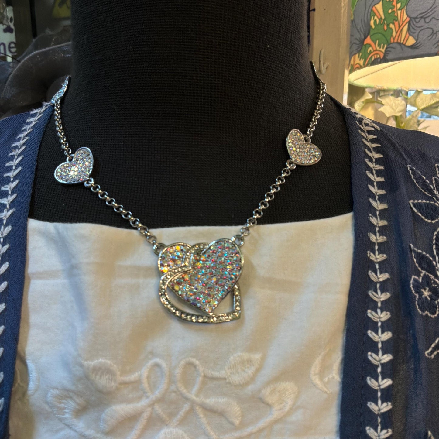 Vintage Butler and Wilson Crystal Heart Pendant Necklace, silver tone with Borealis rhinestones