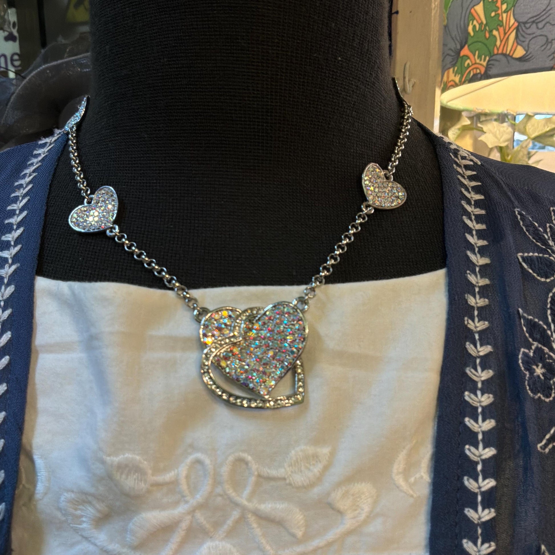 Vintage Butler and Wilson Crystal Heart Pendant Necklace, silver tone with Borealis rhinestones