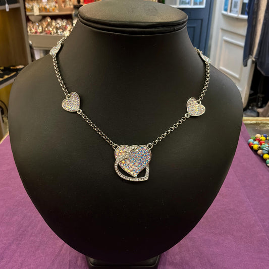 Vintage Butler and Wilson Crystal Heart Pendant Necklace, silver tone with Borealis rhinestones