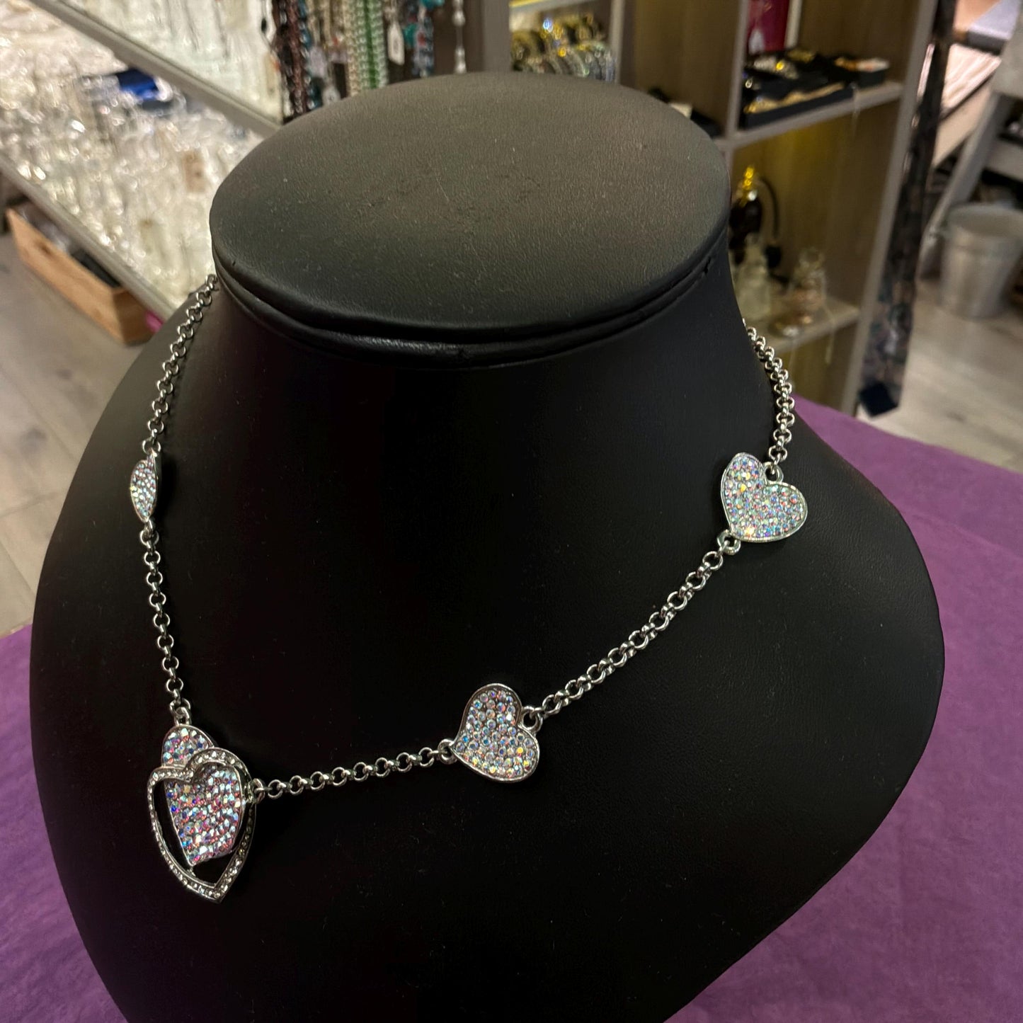 Vintage Butler and Wilson Crystal Heart Pendant Necklace, silver tone with Borealis rhinestones