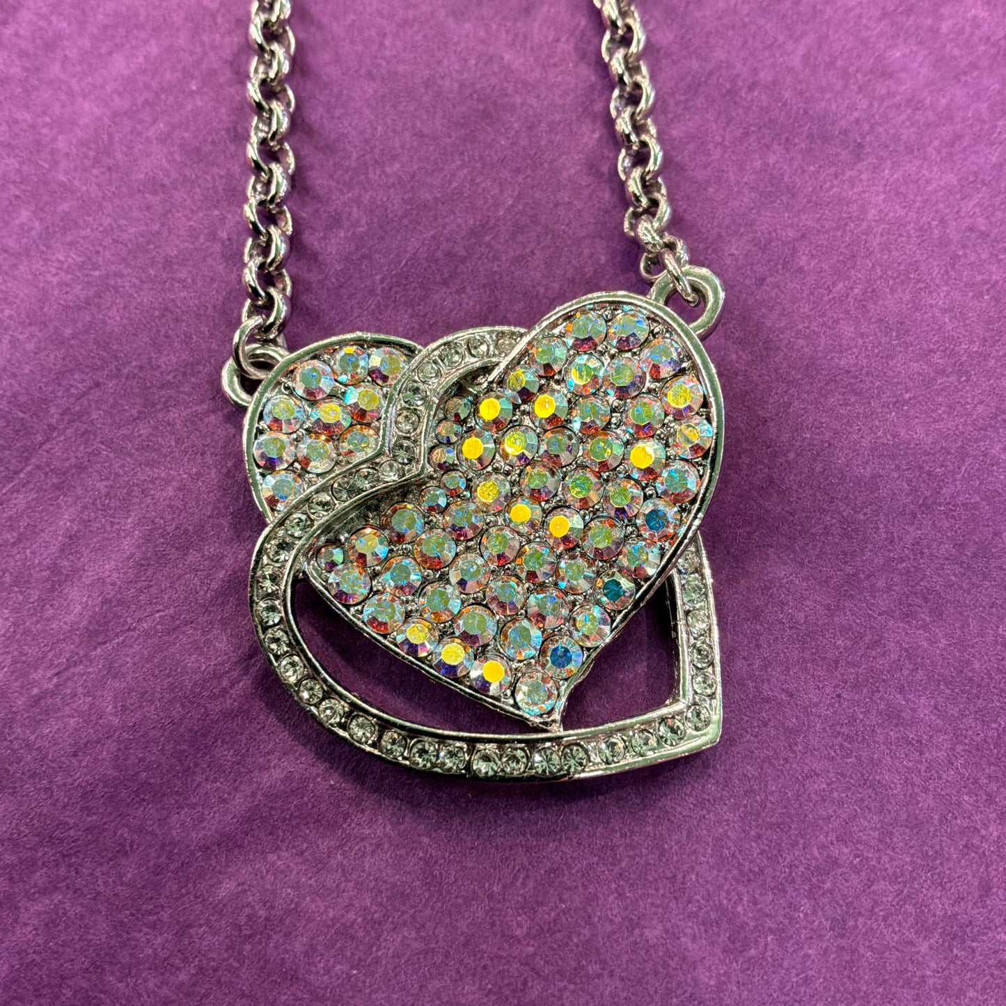 Vintage Butler and Wilson Crystal Heart Pendant Necklace, silver tone with Borealis rhinestones