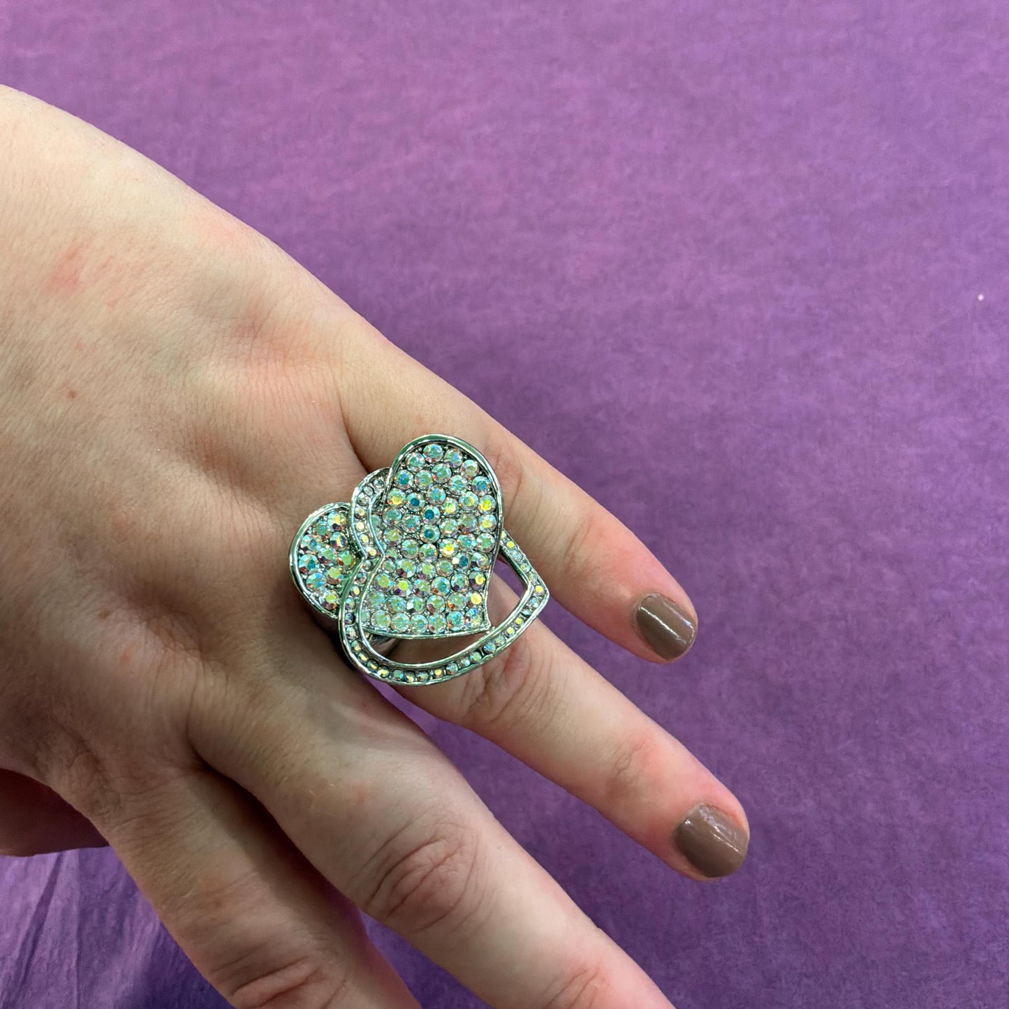 Vintage Butler and Wilson Crystal Statement Double Heart Ring , Size UK R US Size 8.75