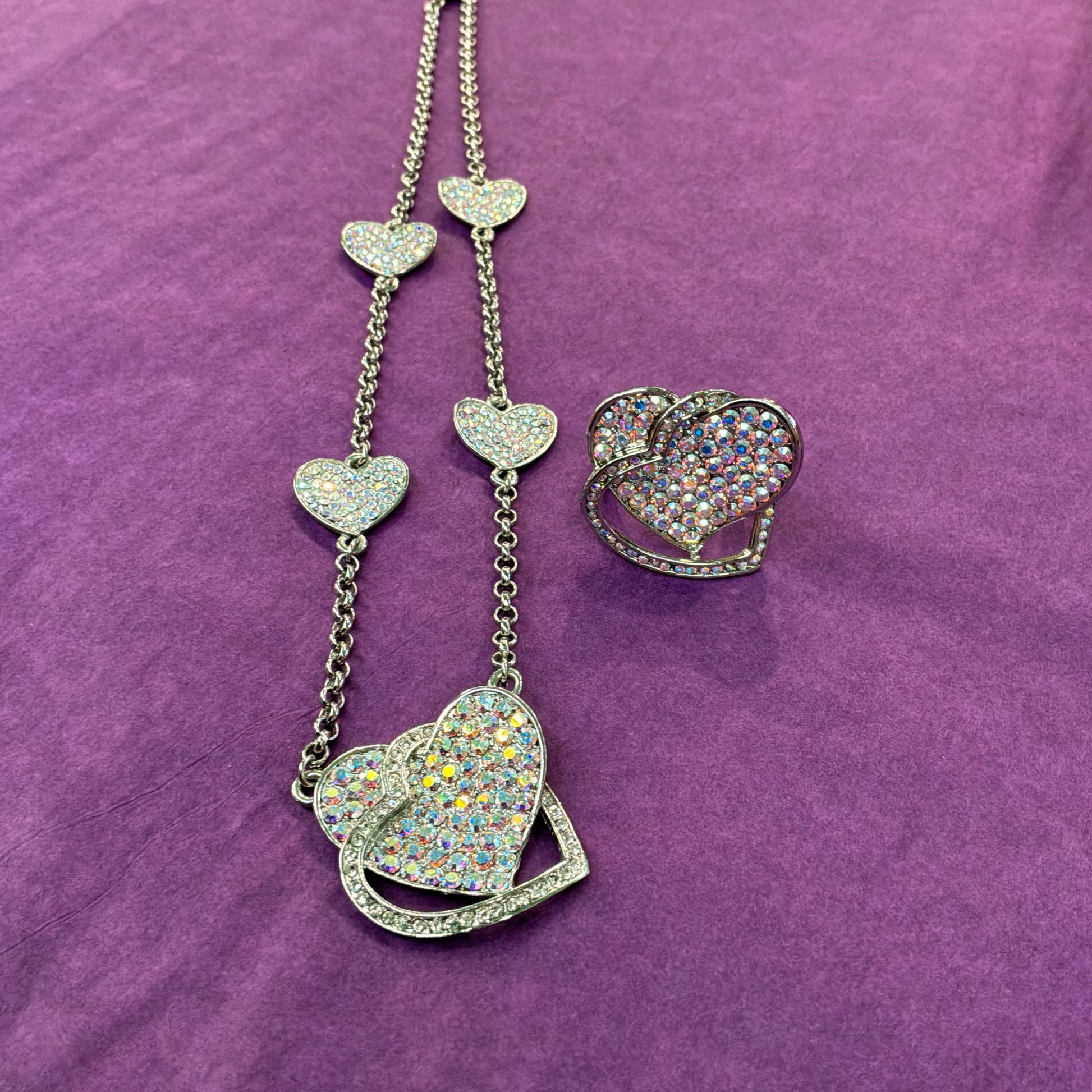 Vintage Butler and Wilson Crystal Statement Double Heart Ring , Size UK R US Size 8.75
