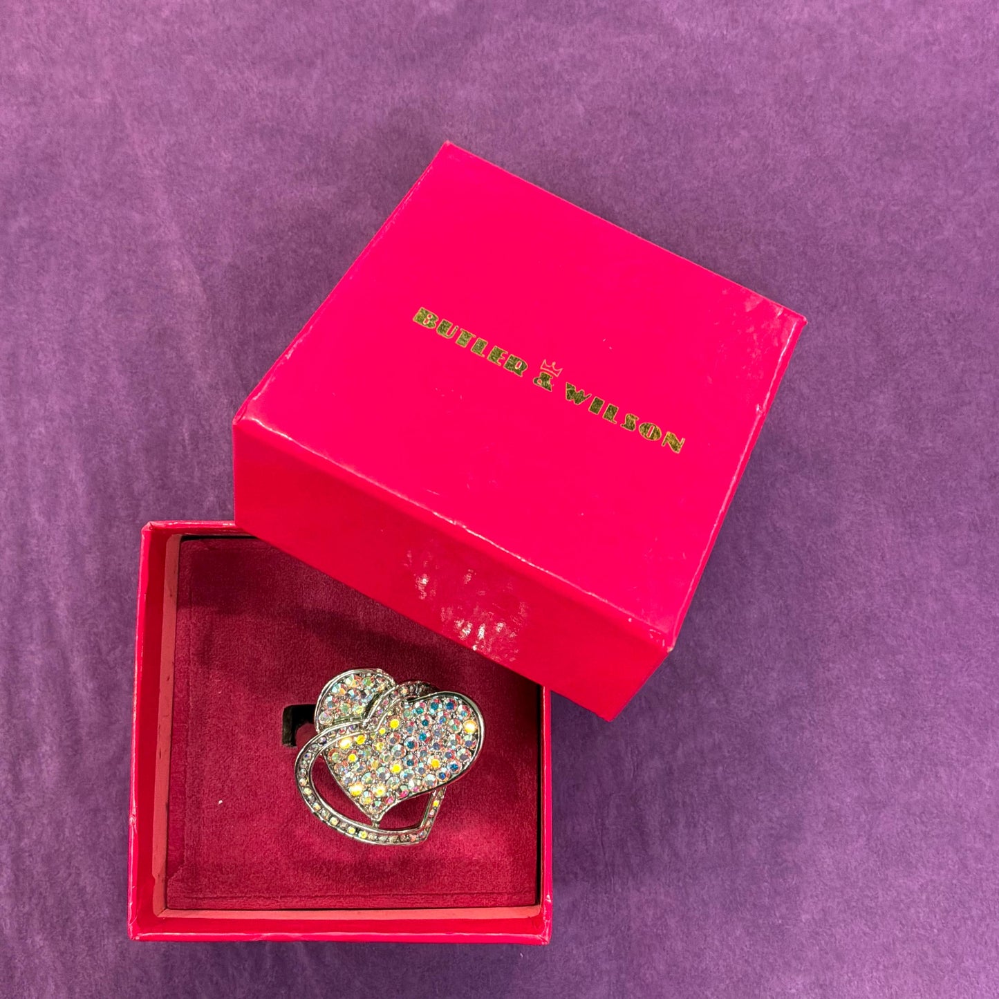 Vintage Butler and Wilson Crystal Statement Double Heart Ring , Size UK R US Size 8.75