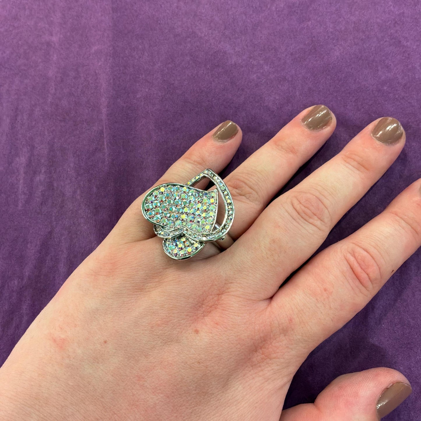 Vintage Butler and Wilson Crystal Statement Double Heart Ring , Size UK R US Size 8.75