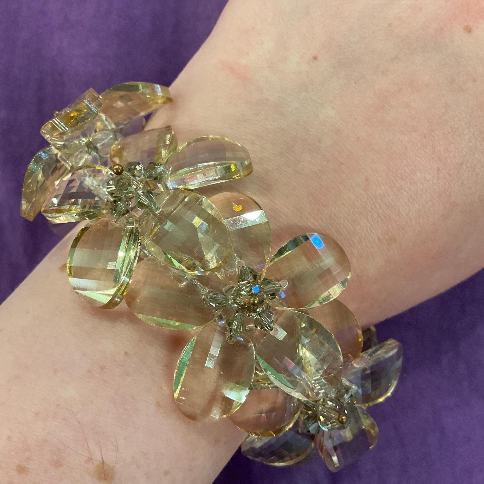 Vintage Butler and Wilson Champange/ Pale Gold Statement Floral Crystal Bracelet , Chequerboard cut Crystal