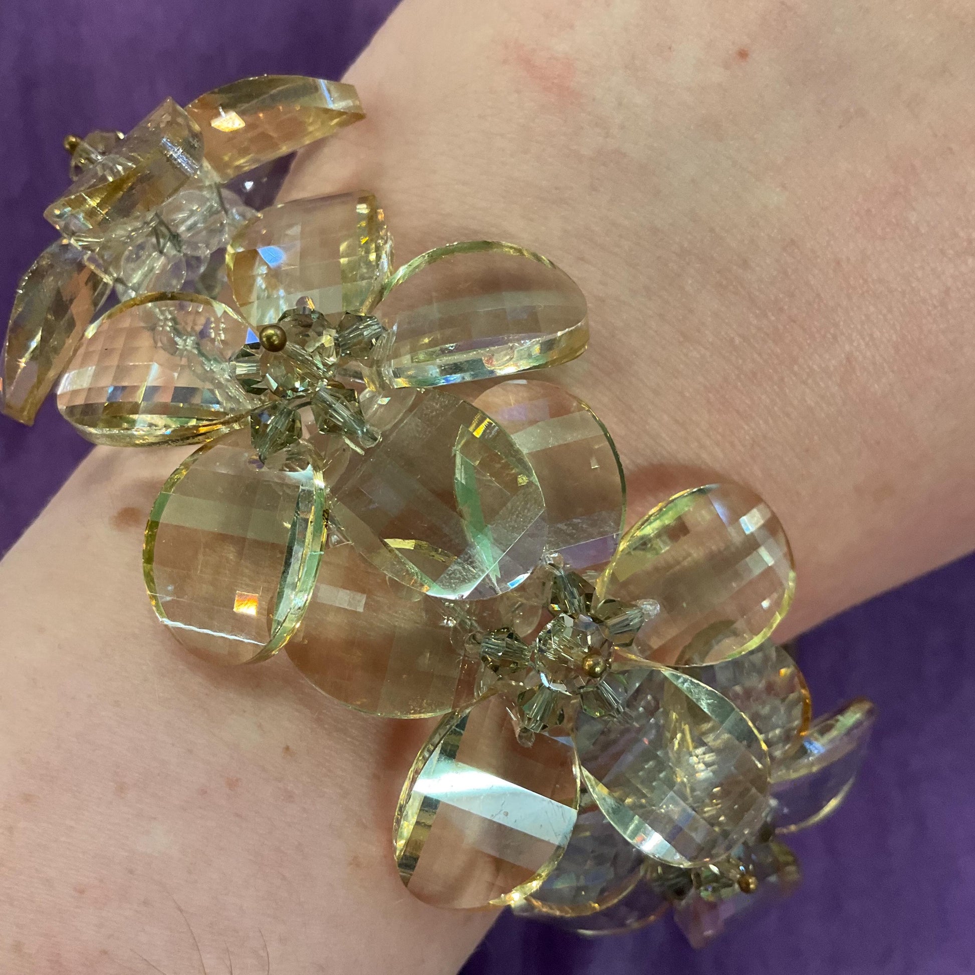 Vintage Butler and Wilson Champange/ Pale Gold Statement Floral Crystal Bracelet , Chequerboard cut Crystal