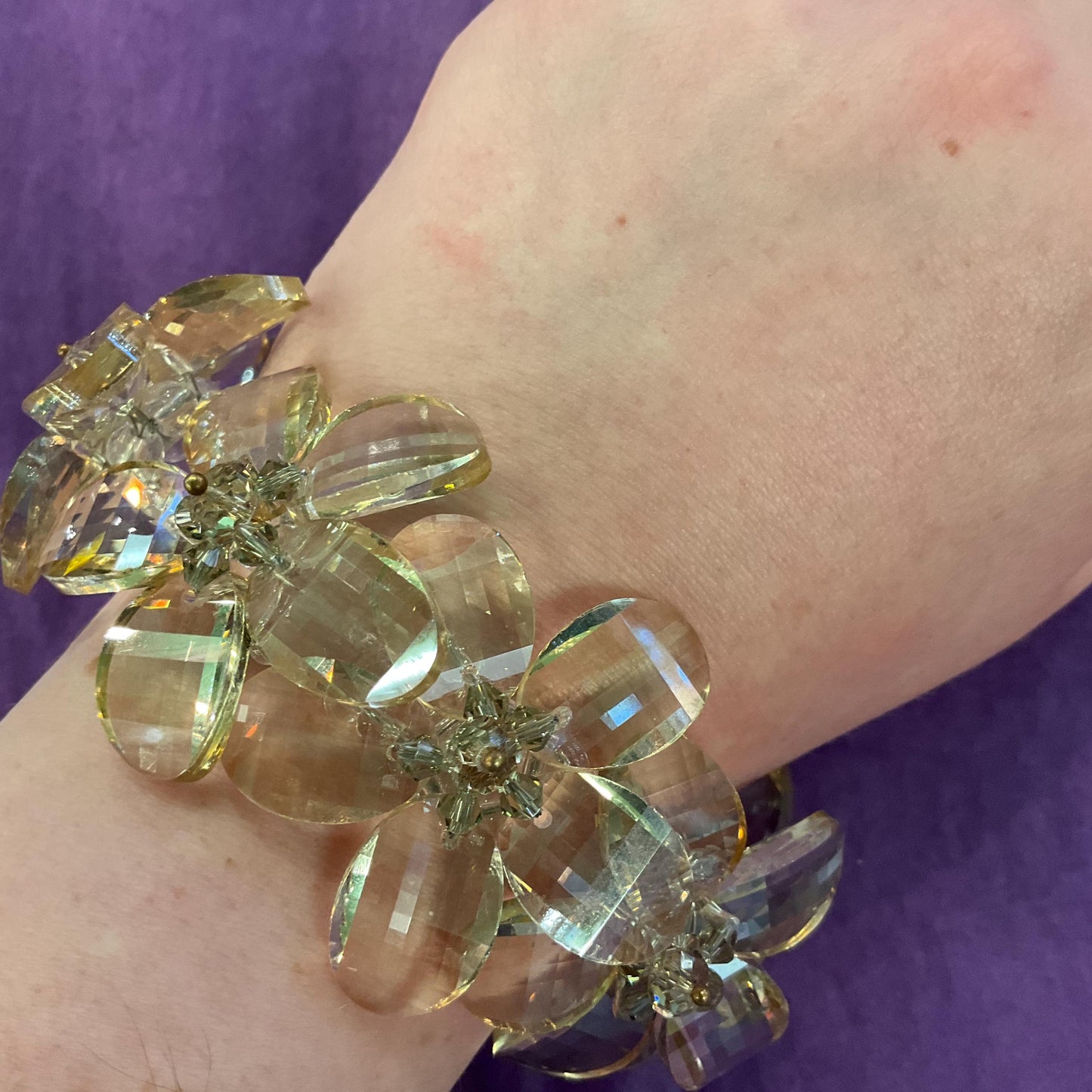 Vintage Butler and Wilson Champange/ Pale Gold Statement Floral Crystal Bracelet , Chequerboard cut Crystal