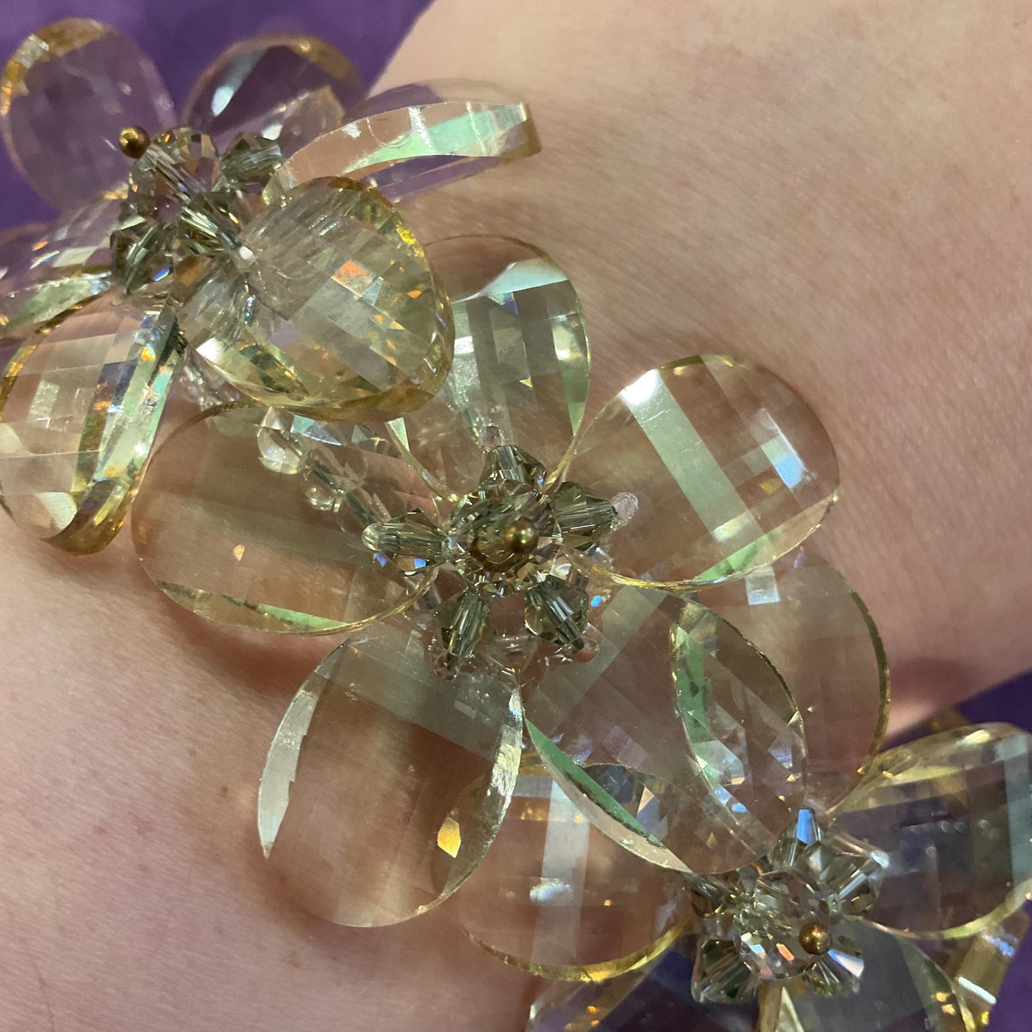 Vintage Butler and Wilson Champange/ Pale Gold Statement Floral Crystal Bracelet , Chequerboard cut Crystal