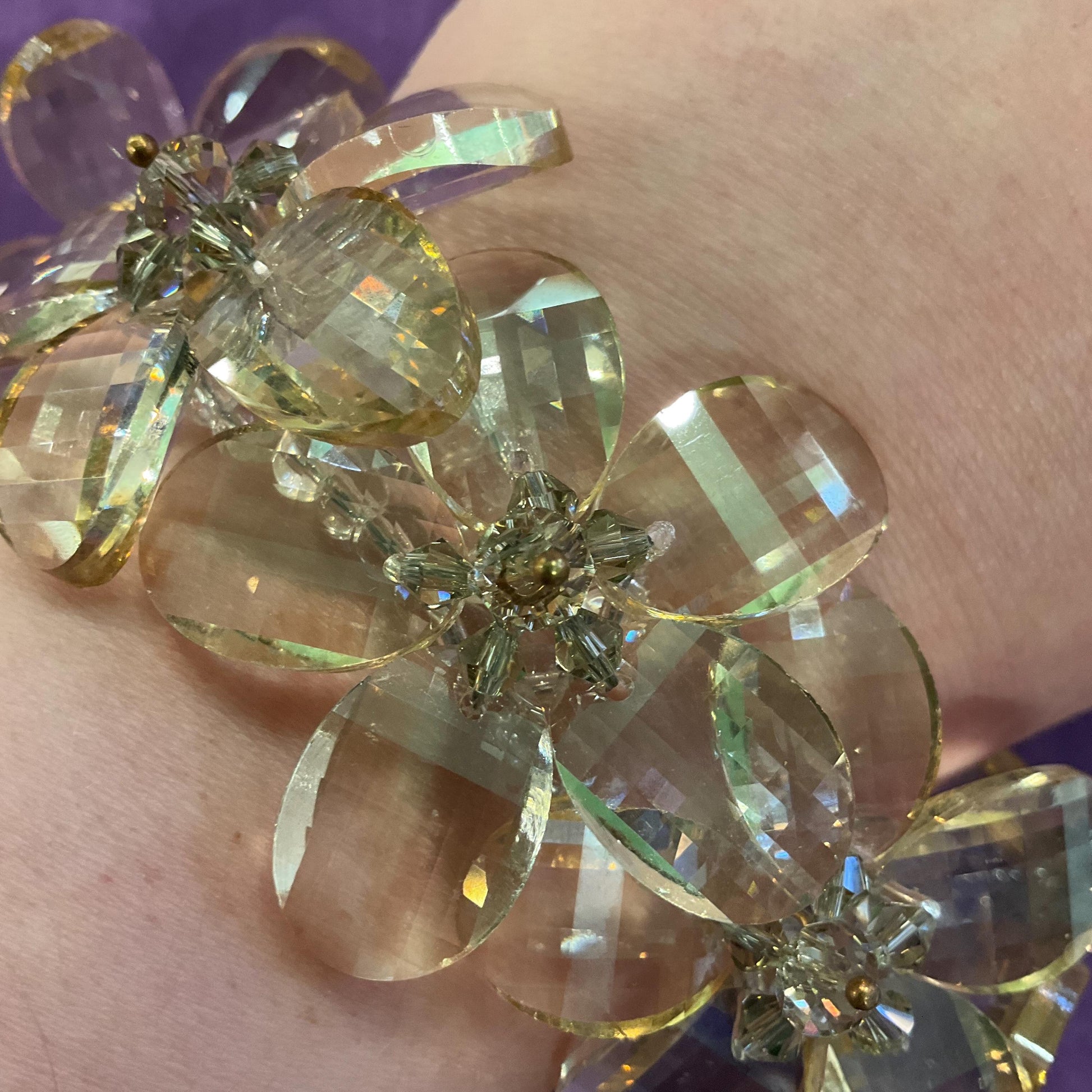 Vintage Butler and Wilson Champange/ Pale Gold Statement Floral Crystal Bracelet , Chequerboard cut Crystal