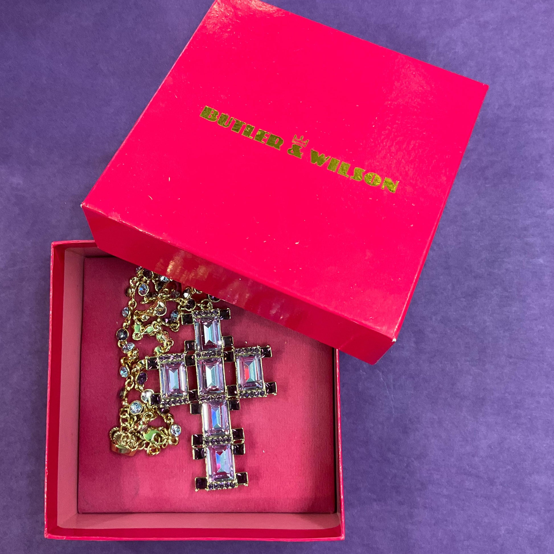 Vintage Butler and Wilson Art Deco Style Crystal Cross Statement Pendant Necklace
