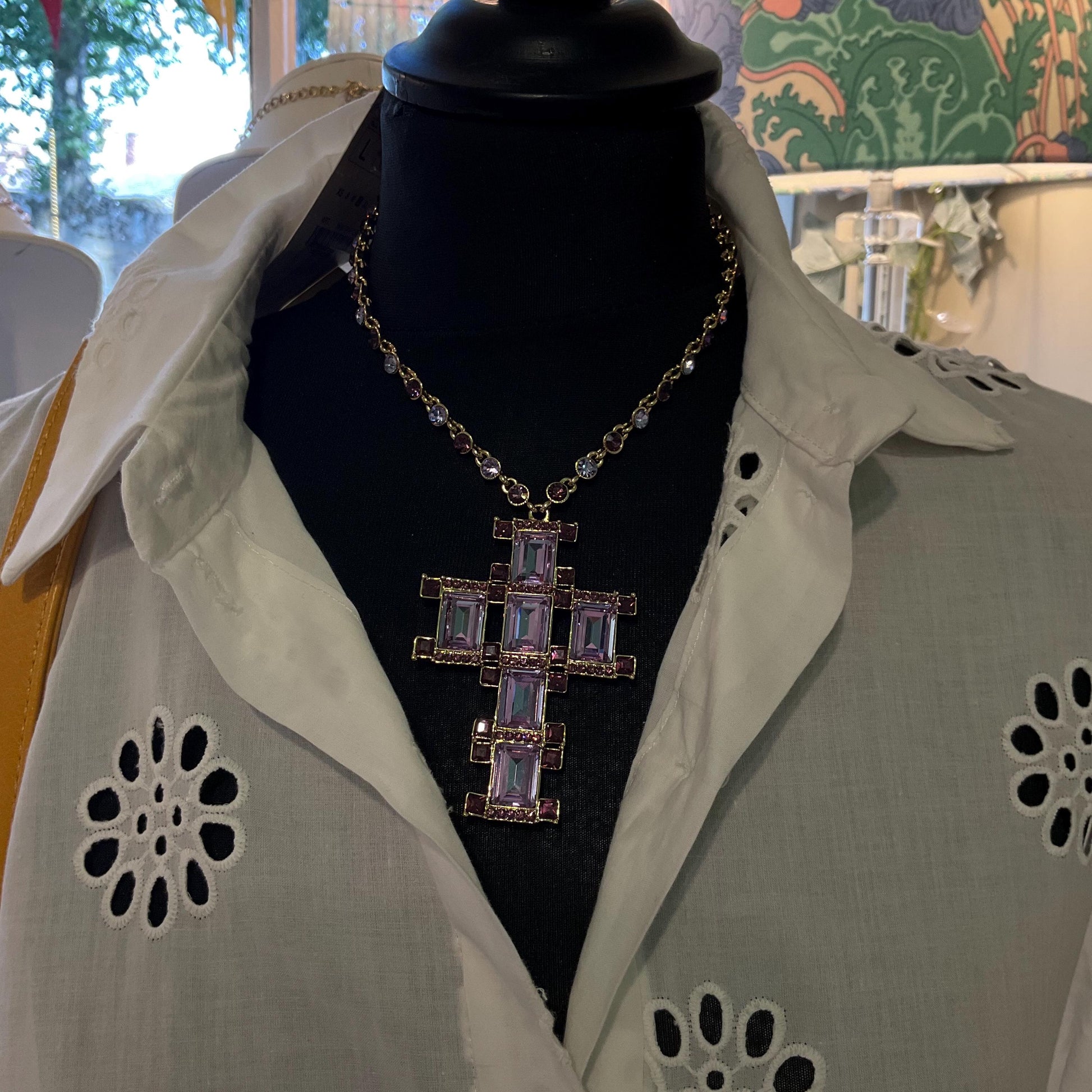 Vintage Butler and Wilson Art Deco Style Crystal Cross Statement Pendant Necklace